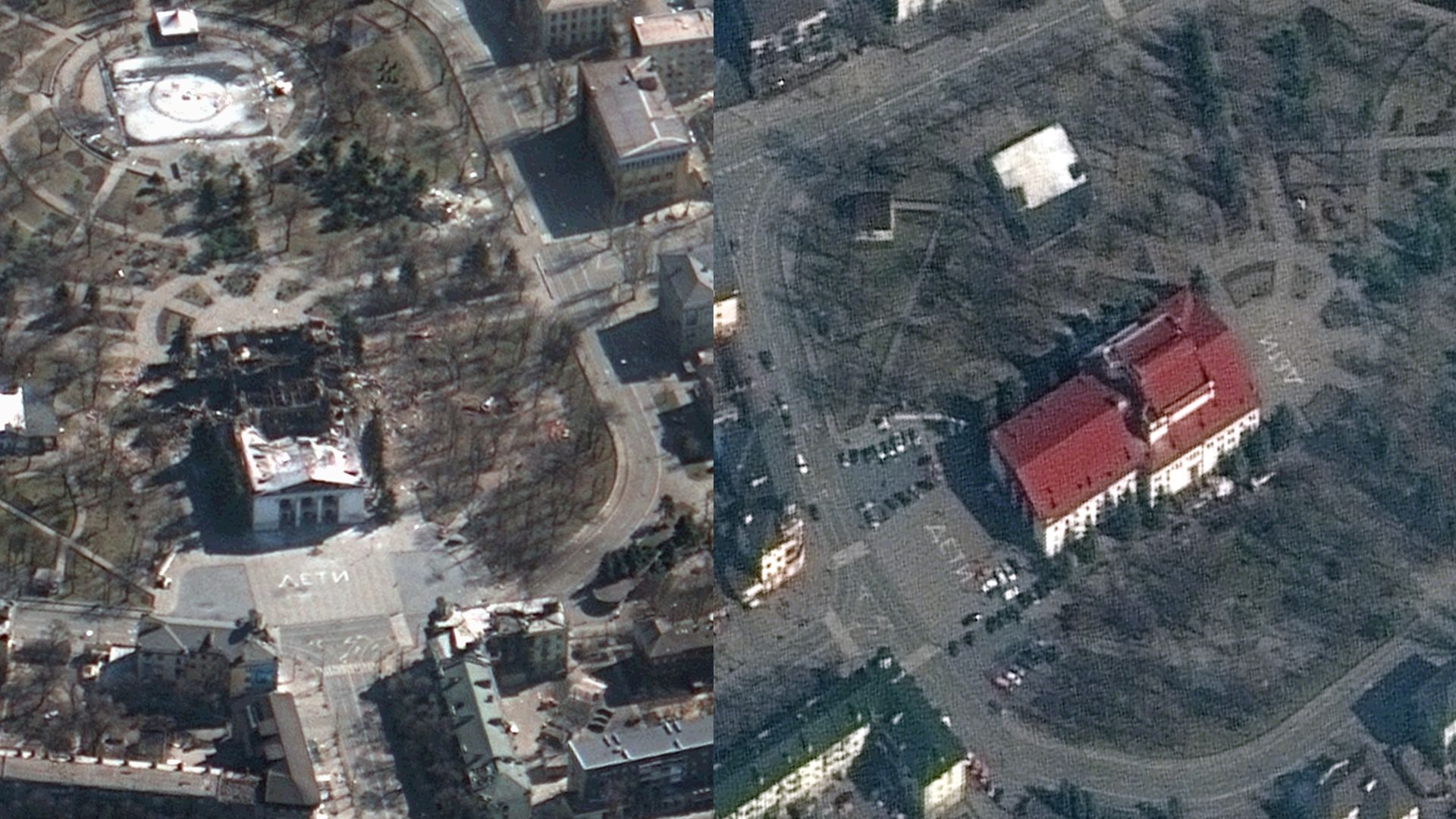 Satellite photos of the Mariupol Drama Theater from March 14 and March 19 before and after it was struck by a Russian airstrike.