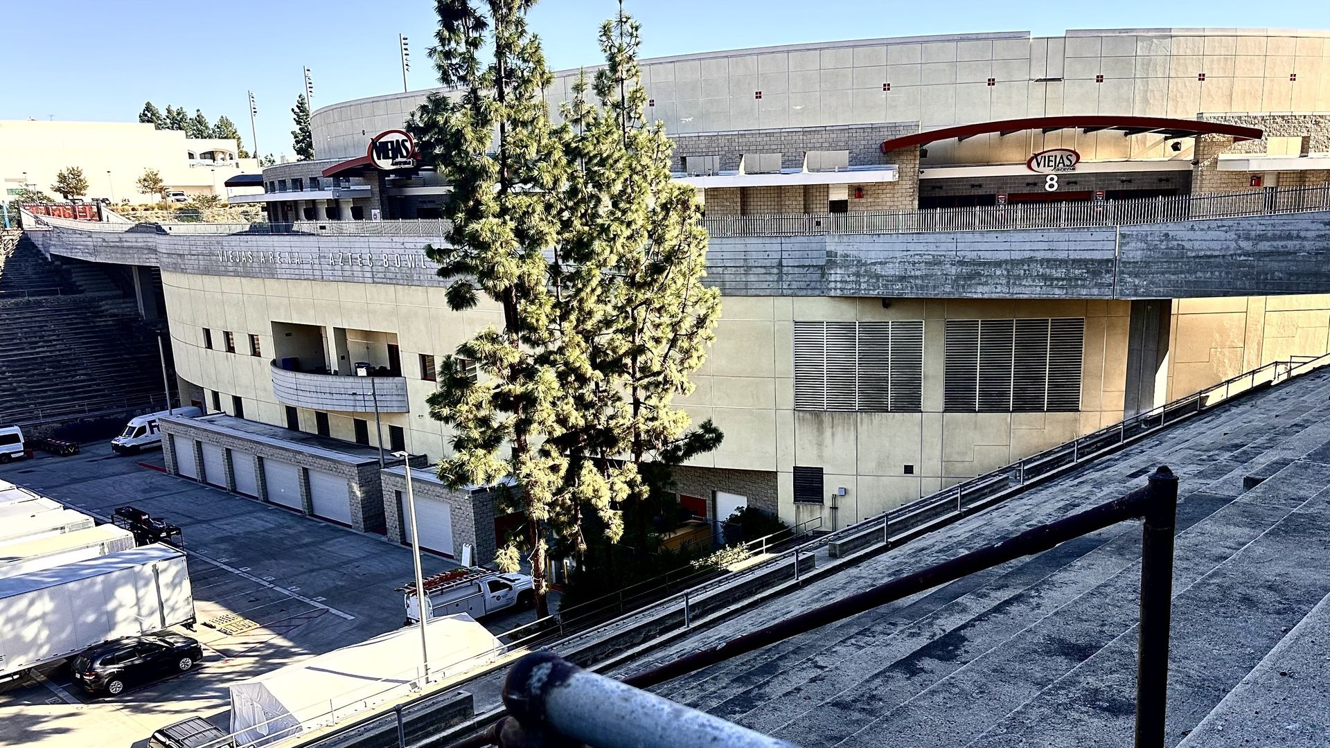The backside of Viejas Arena, built into remnants of the Aztecs Bowl that predated it.