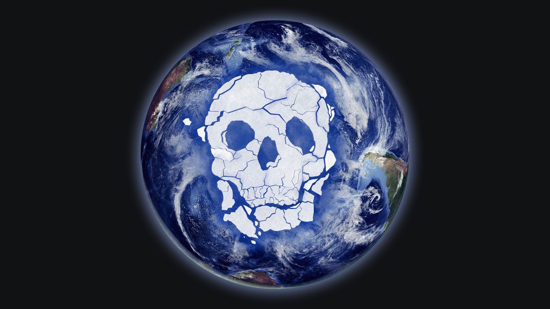 Illustration of the Antarctic ice melted into the shape of a skull.