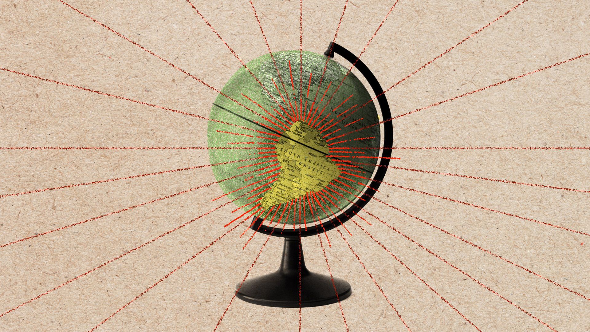 A globe map with South America radiating an abstract pattern