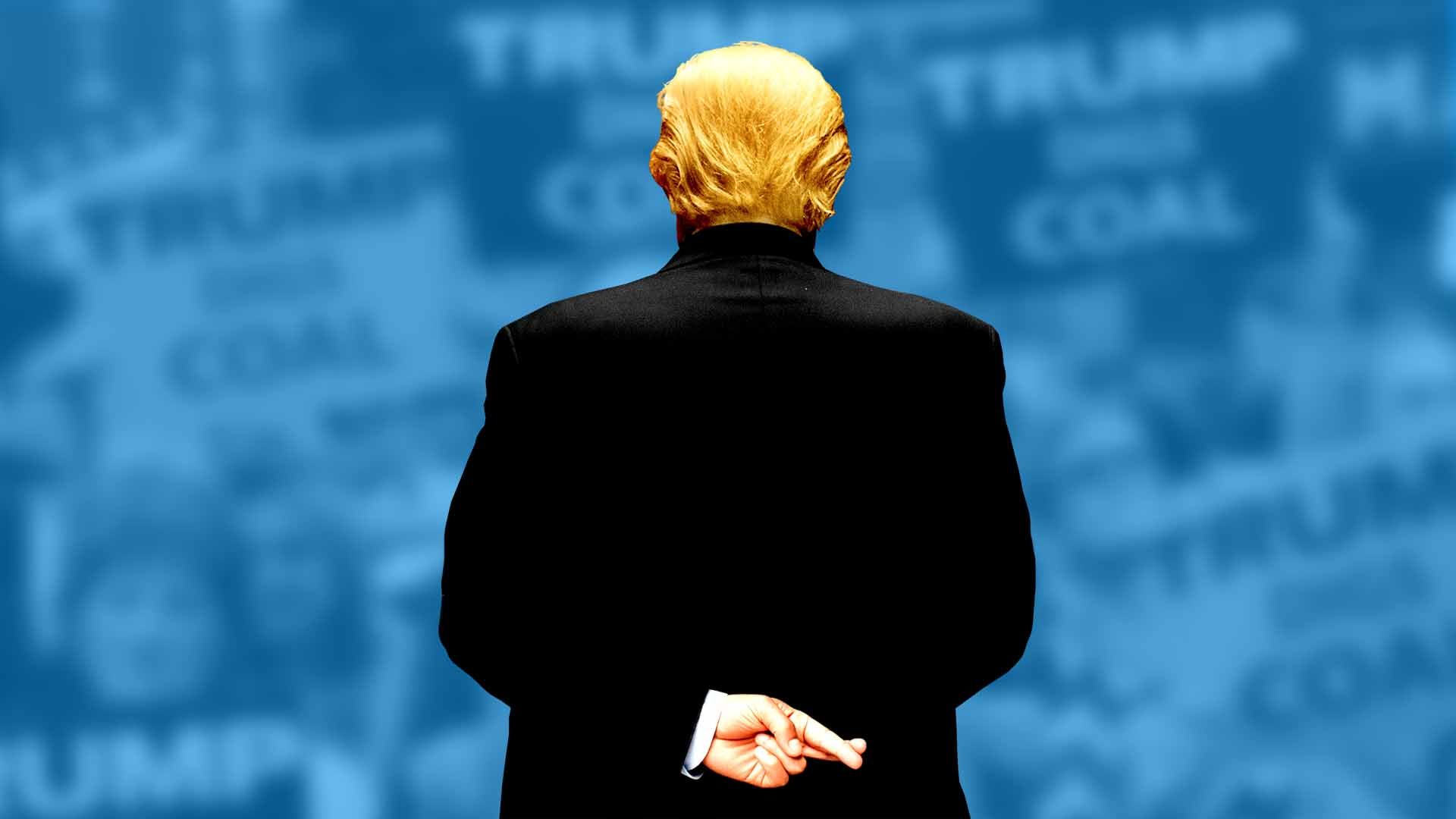 Illustration of President Trump standing with his back turned, with his fingers crossed behind his back
