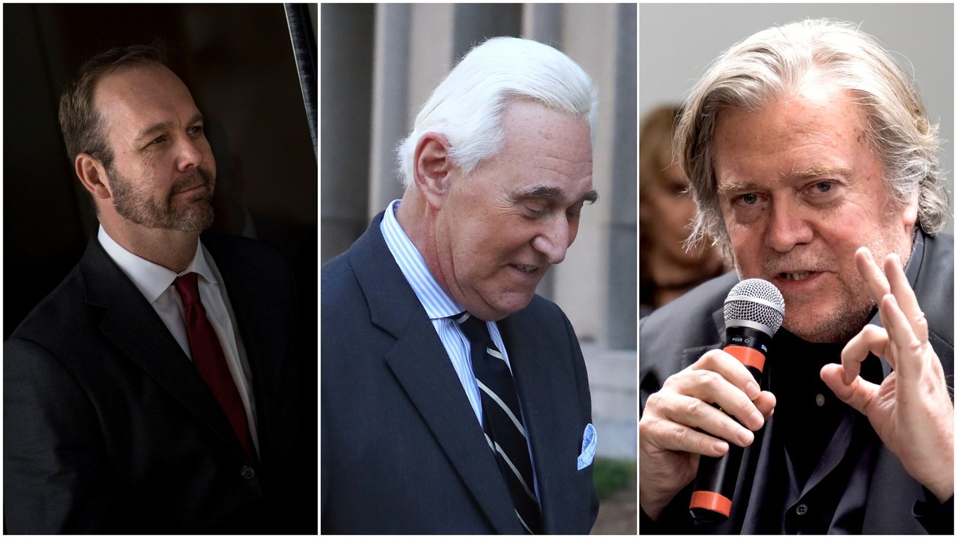 This image is a three-way split between Rick Gates, Roger Stone, and Stephen Bannon.