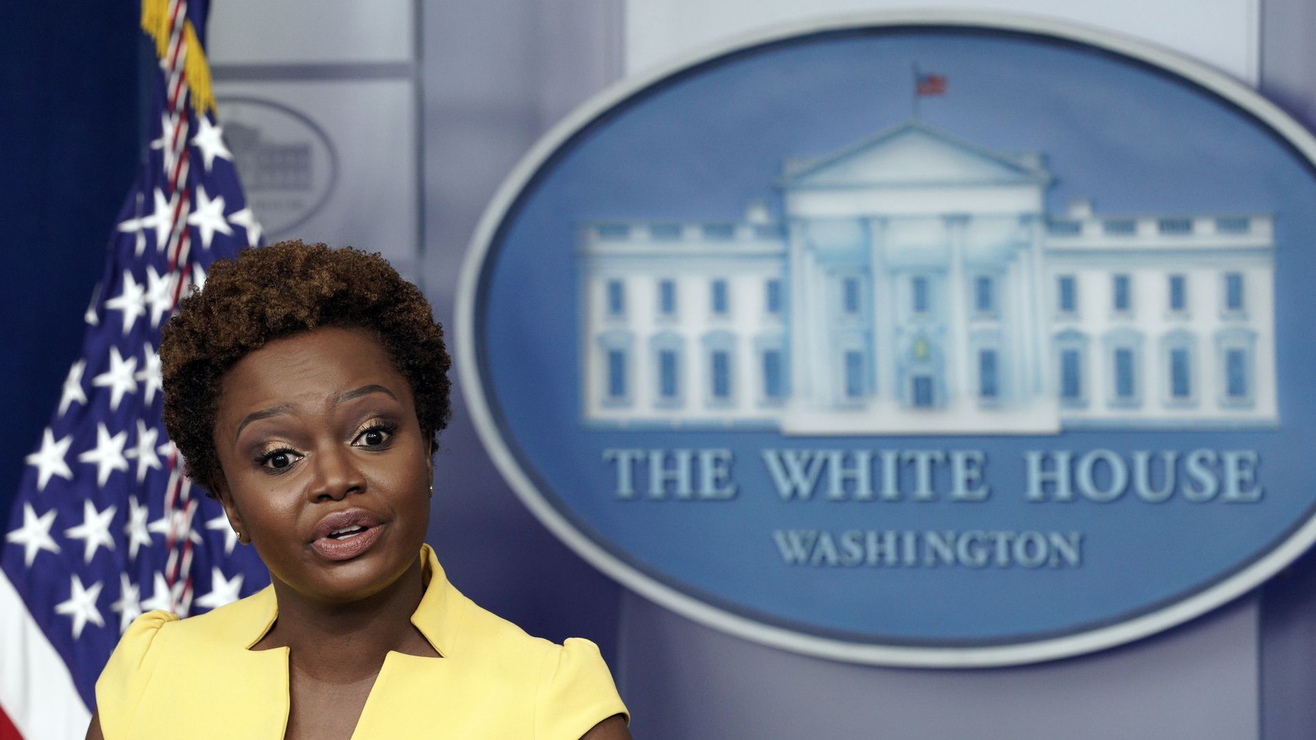 Deputy press secretary Karine Jean-Pierre is seen during her first briefing from the White House podium.
