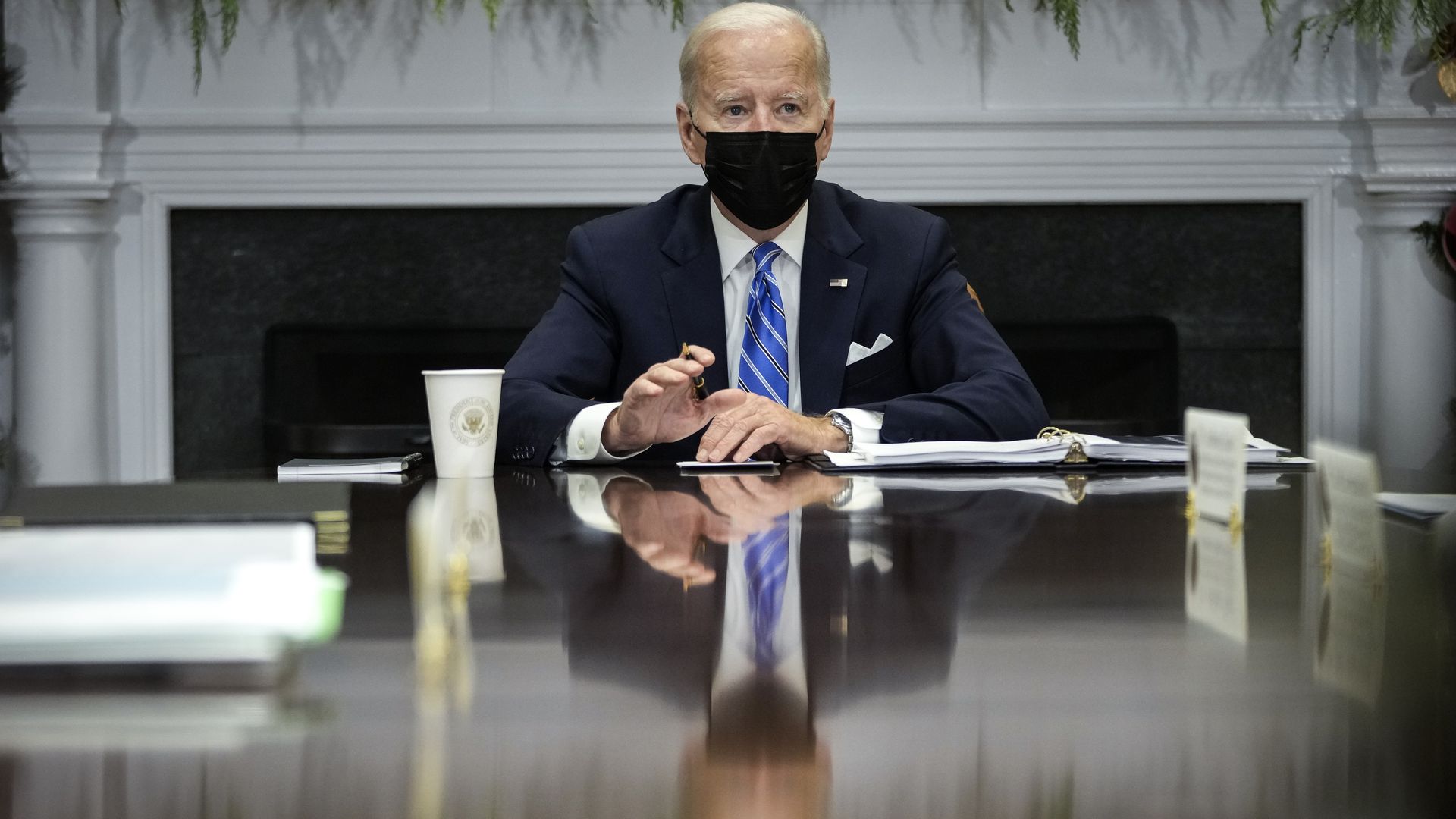 oe Biden speaks during a meeting with the White House COVID-19 Response Team in the Roosevelt Room of the White House December 16, 2021 in Washington, DC. 