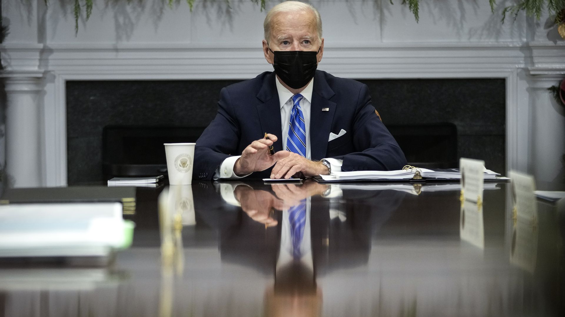 oe Biden speaks during a meeting with the White House COVID-19 Response Team in the Roosevelt Room of the White House December 16, 2021 in Washington, DC.
