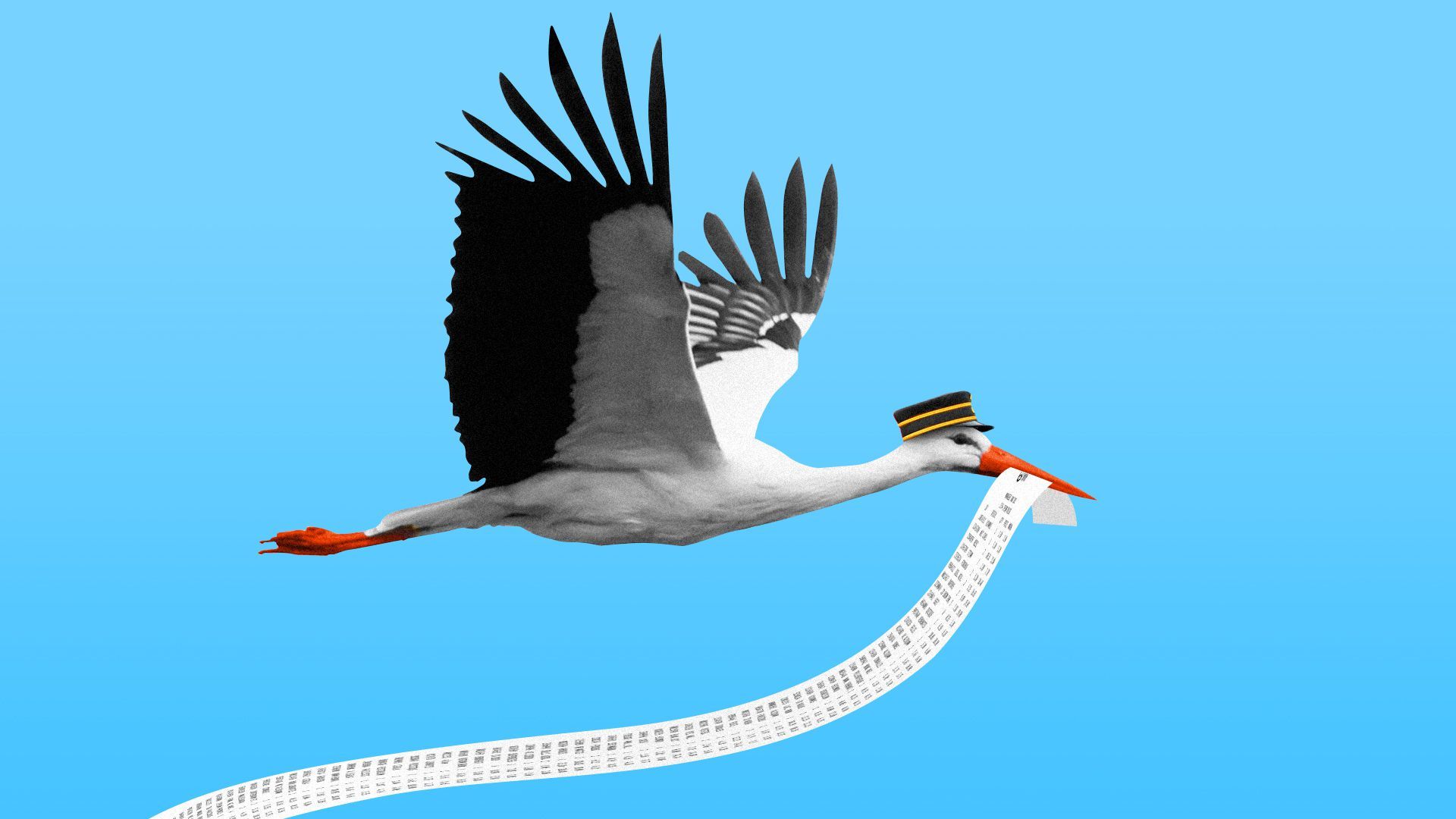 Illustration of a stork holding a very long receipt. 