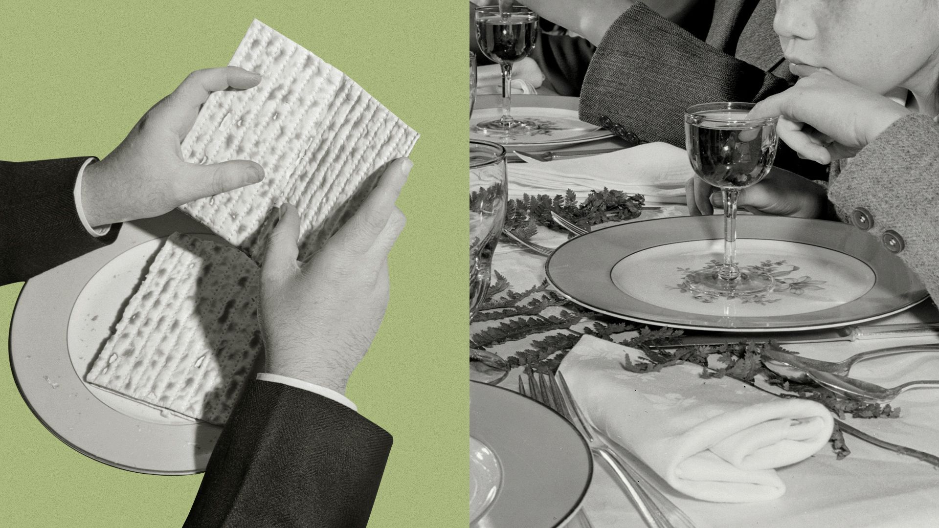 Photo illustration of hands breaking matzah, a family seder with a child dipping her finger into a cup