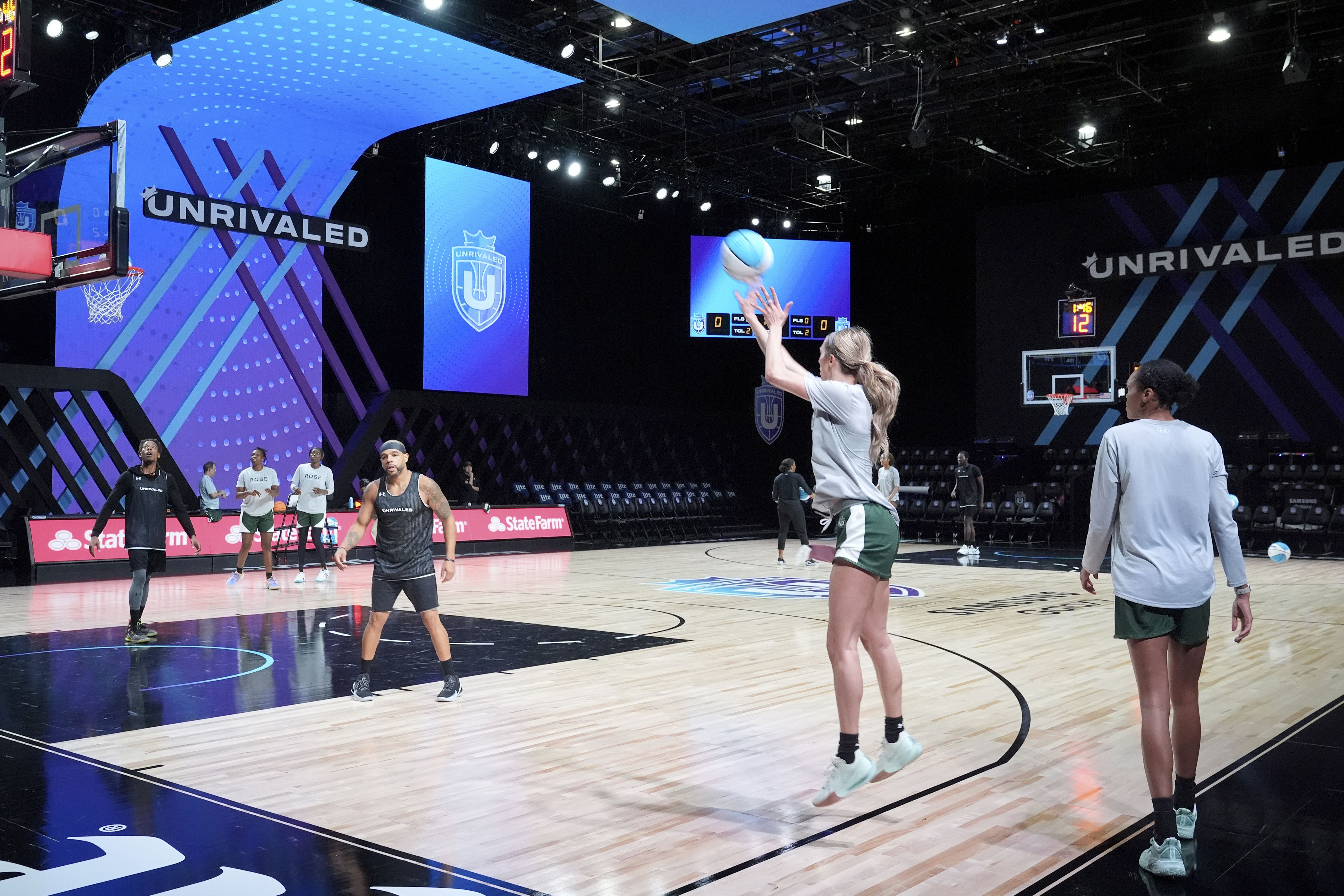 The Rose team practices, Thursday, Jan. 16, 2025, in Medley, Fla., as the new 3-on-3 women's basketball league Unrivaled tips off this weekend. (AP Photo/Marta Lavandier)