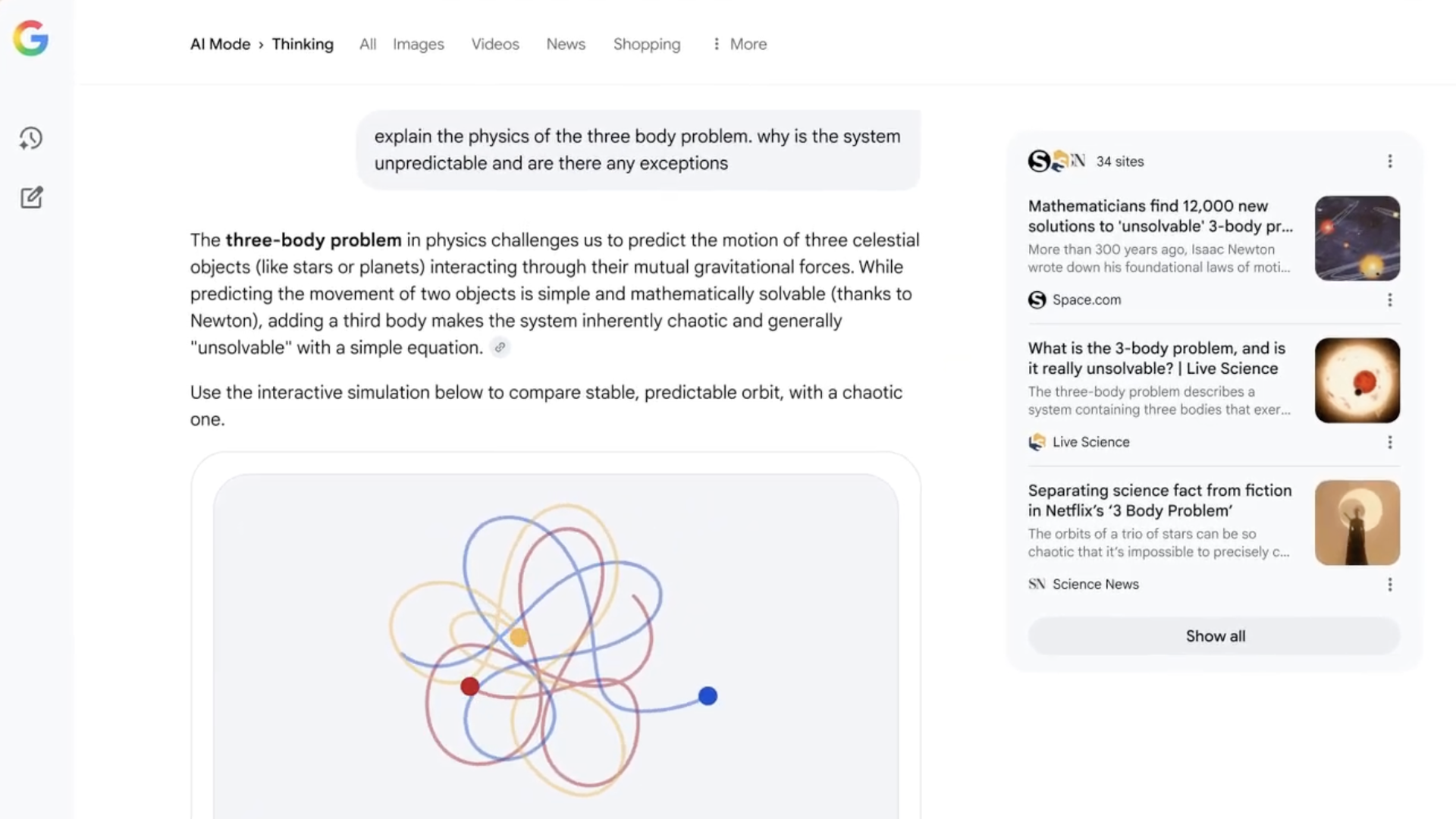 Google AI Mode search page explaining the three-body problem in physics with text and a colorful simulation of chaotic orbits of three celestial bodies in red, orange, and blue.