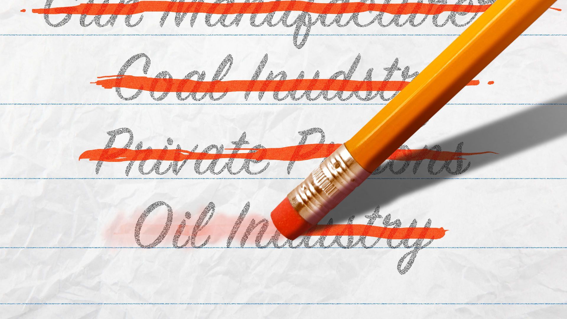 Illustration of a pencil erasing cross out marks on a sheet of paper with industries written on it