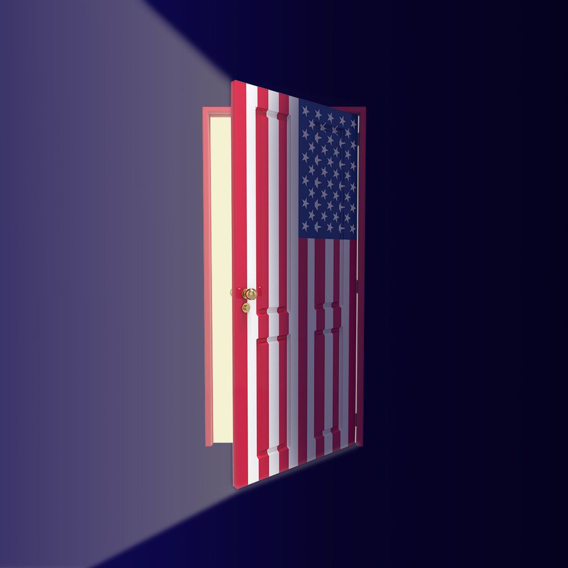 Illustration of a door made of an American flag opening with light pouring out.  