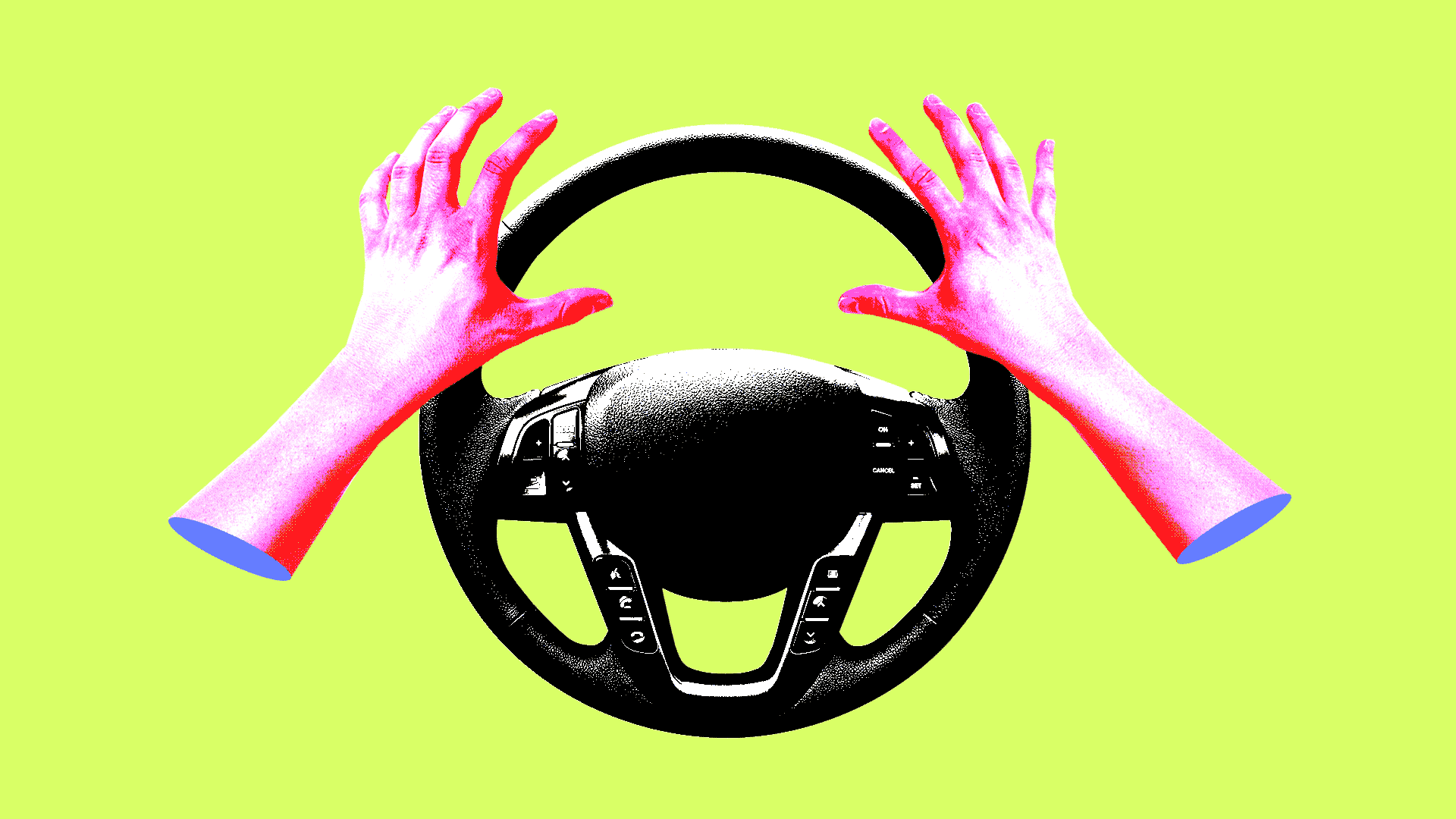 Hands hovering over a steering wheel
