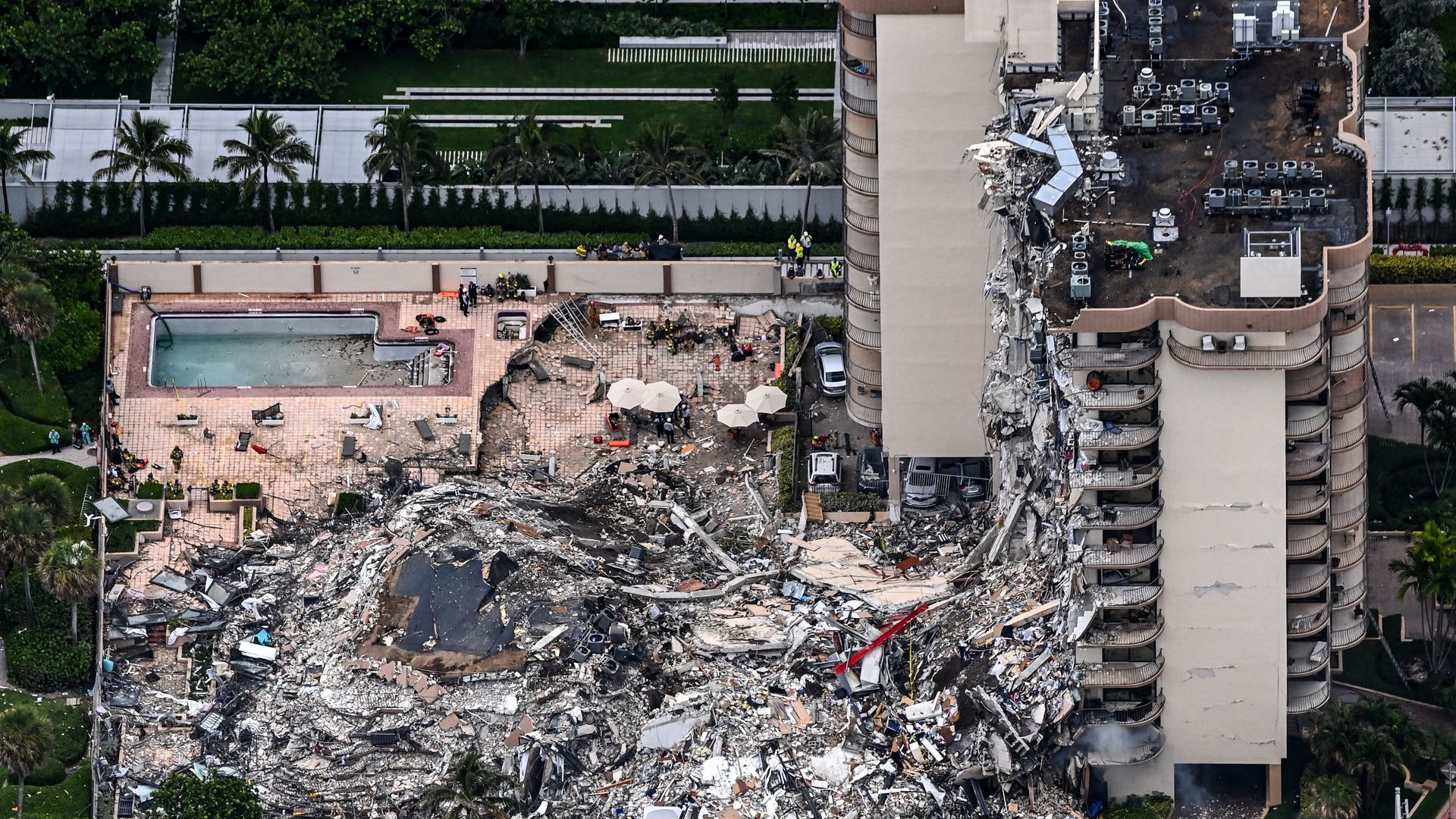 An aerial view of the partial collapse of the Champlain Towers South in Surfside
