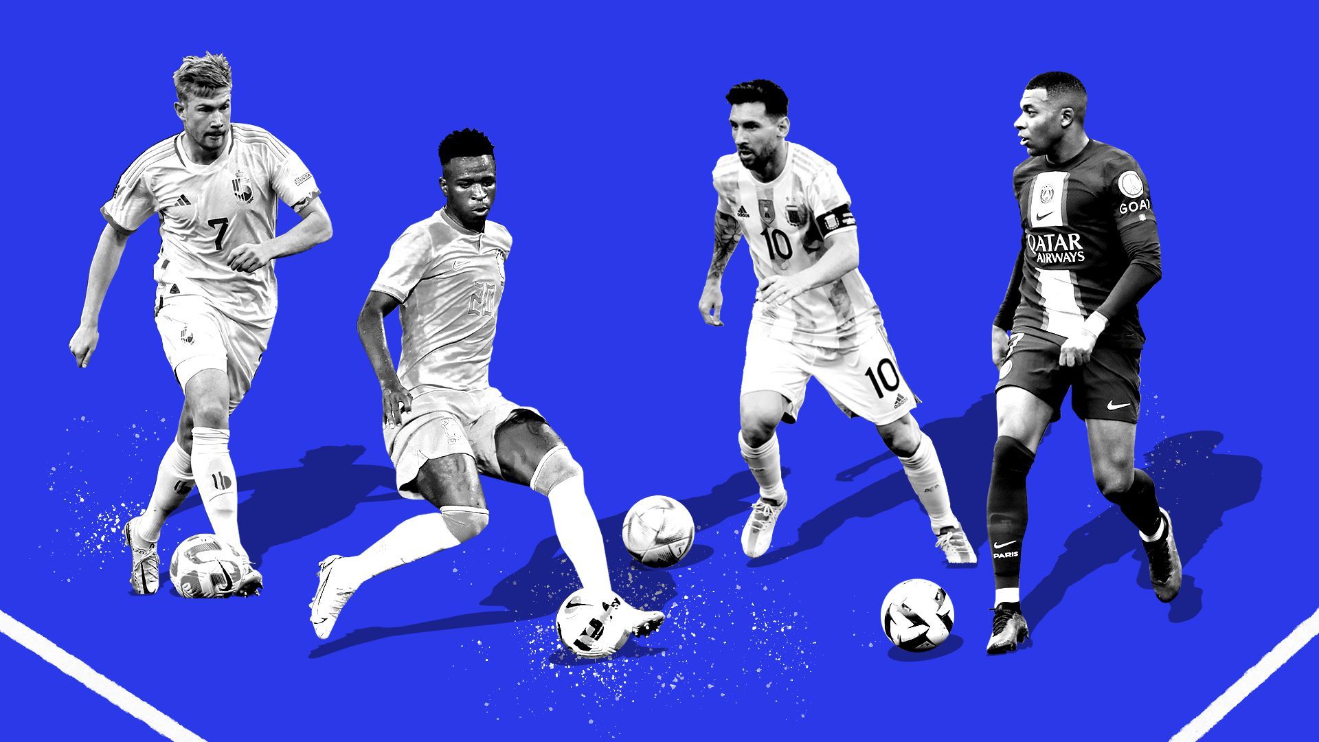 Photo illustration of Kevin de Bruyne (Belgium), Vinicius Jr. (Brazil), Lionel Messi (Argentina), Kylian Mbappe (France) in front of a blue background