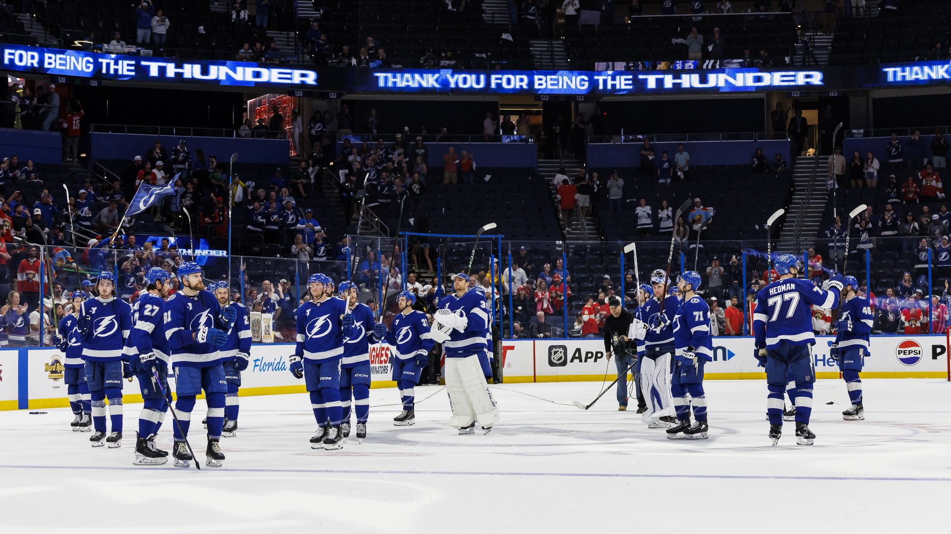 TAMPA, FL - APRIL 30: The Tampa Bay Lightning salute the fans after the series loss against the Florida Panthers during Game Five of the First Round of the 2025 Stanley Cup Playoffs at Amalie Arena on April 30, 2025 in Tampa, Florida. (Photo by Mark LoMoglio/NHLI via Getty Images)