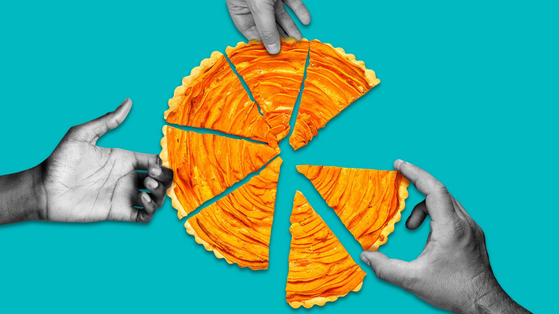 Illustration of hands reaching for slices of a sweet potato pie.
