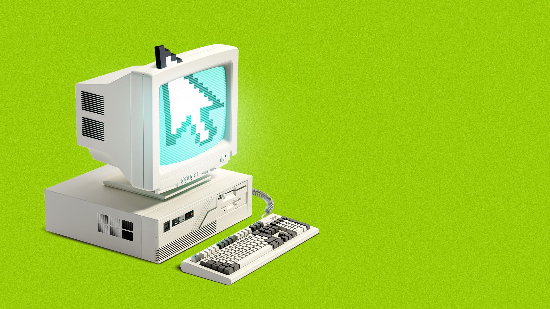 Illustration of a desktop computer with a cursor on the screen so big that it's popping out of the screen and turning 3D. 