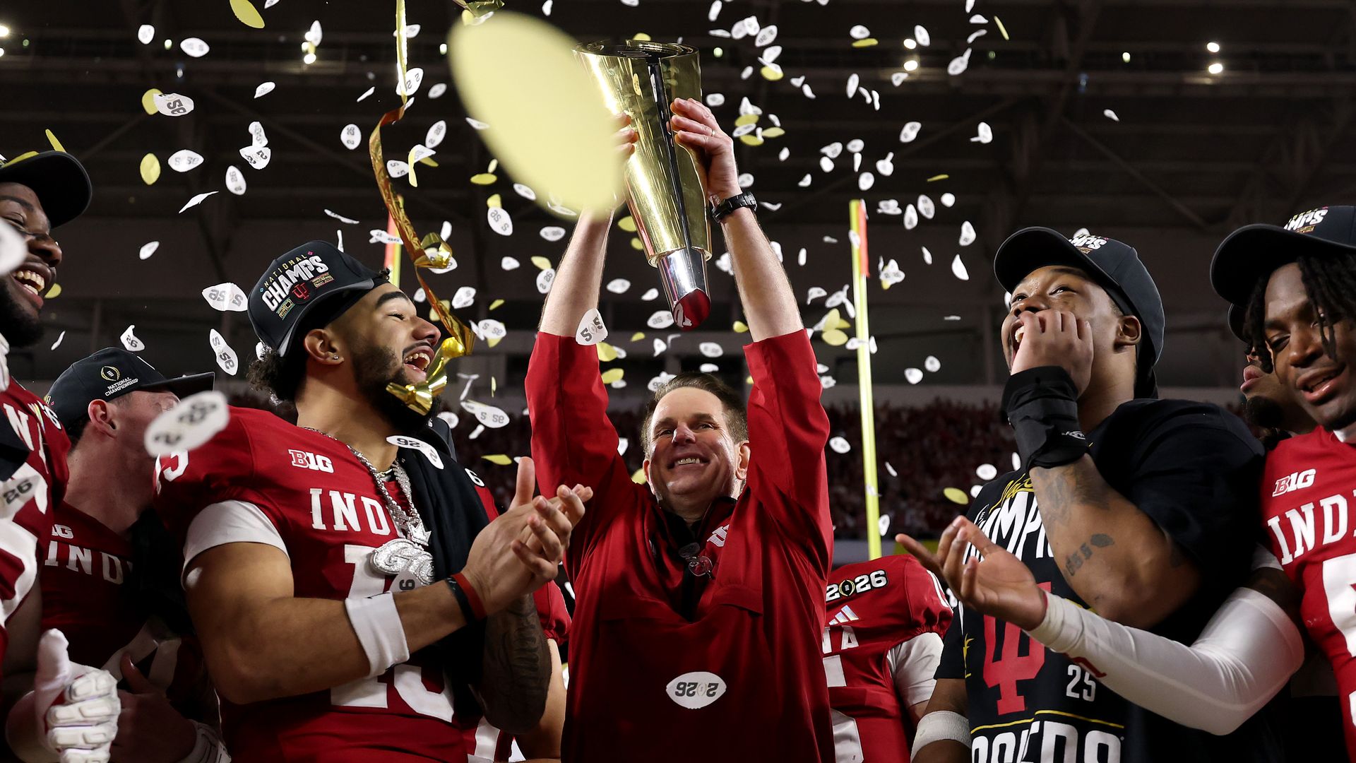 Head coach Curt Cignetti of the Indiana Hoosiers hoists the College Football Playoff National Championship Trophy after defeating the Miami Hurricanes 27-21 in the 2026 College Football Playoff National Championship at Hard Rock Stadium on January 19, 2026 in Miami Gardens, Florida.