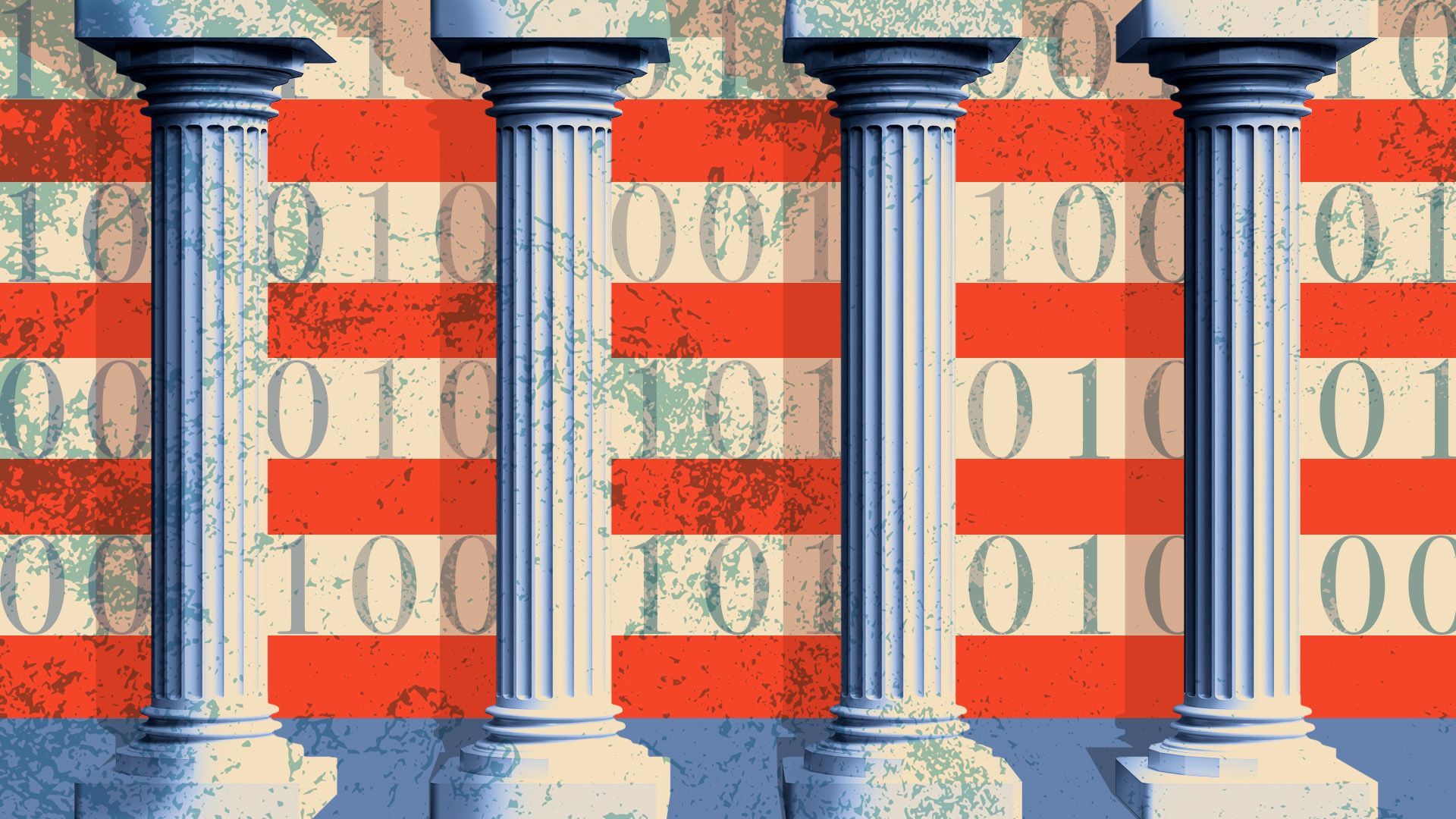 Illustrated collage of columns with stripes and binary code in the background