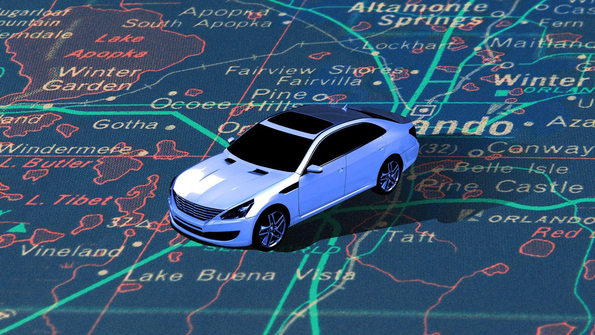 Illustration of car on a map of Orlando, Florida.