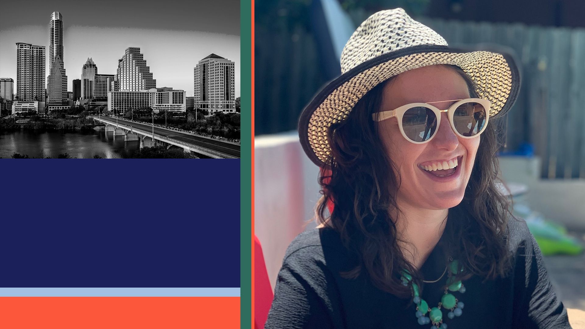 Photo illustration of Macy Cotton shown with the Austin skyline.