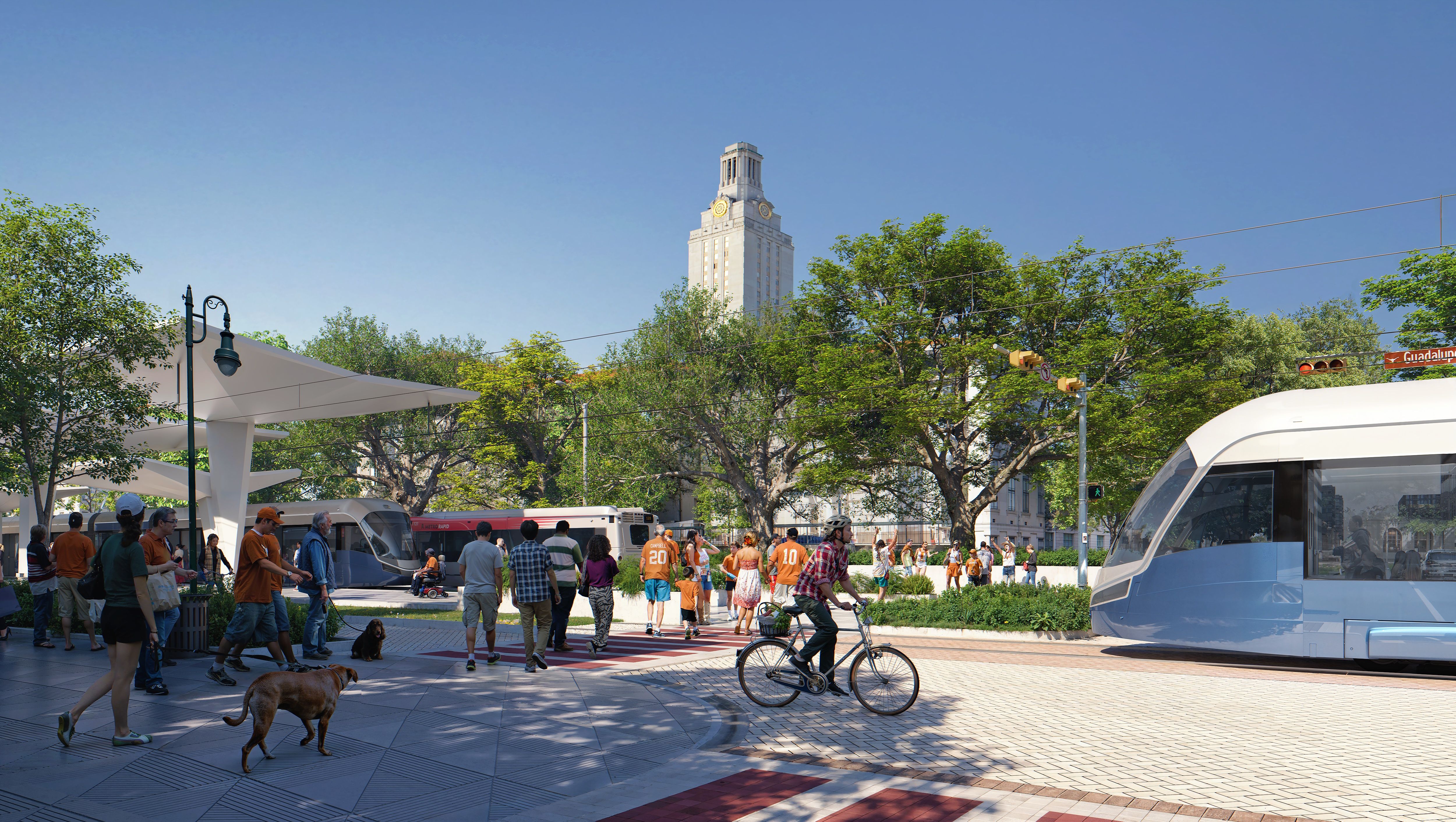 A rendering of a light rail passing by the University of Texas campus.