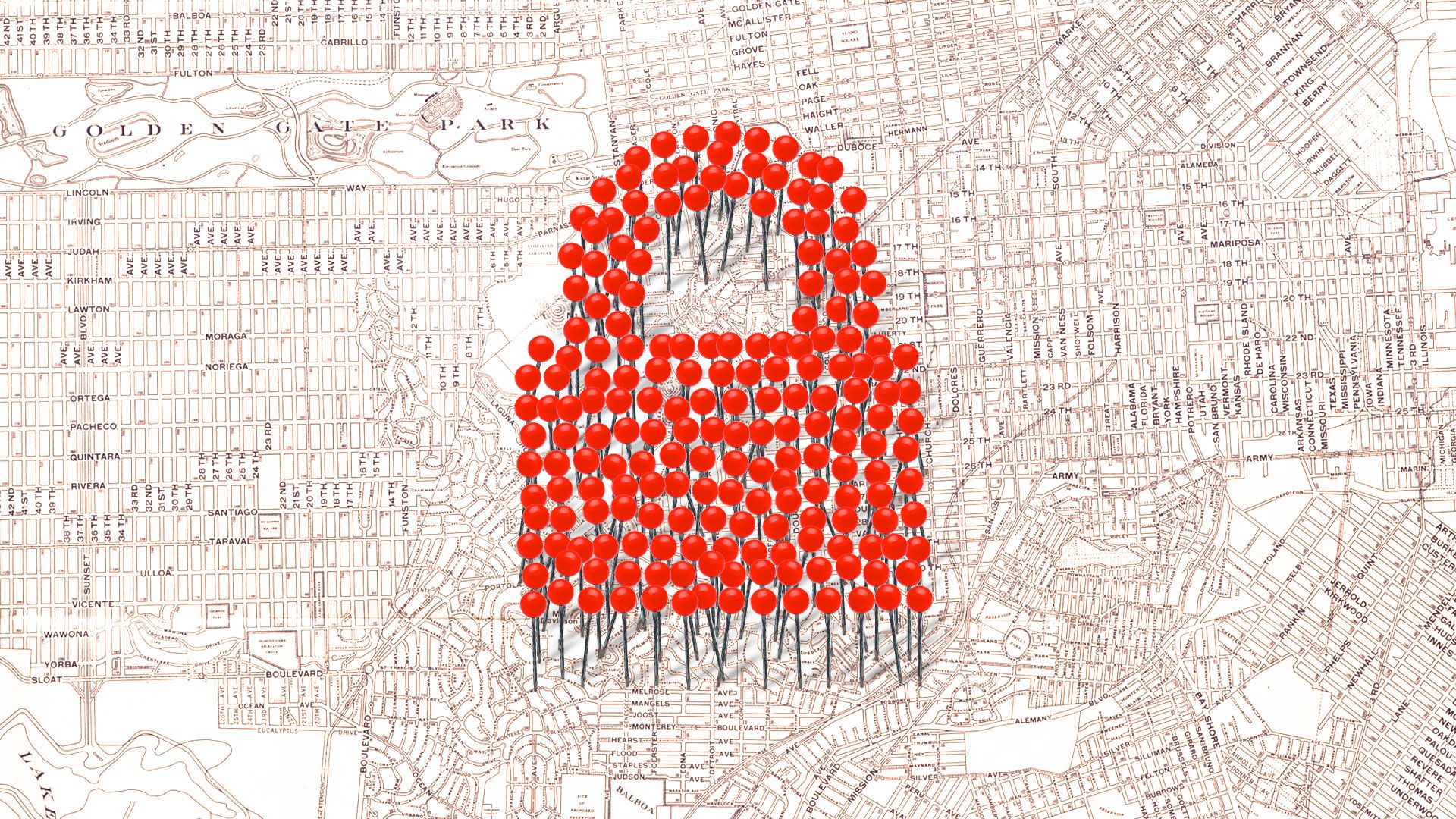 Illustration of a lock formed by red pushpins on an antique map of San Francisco