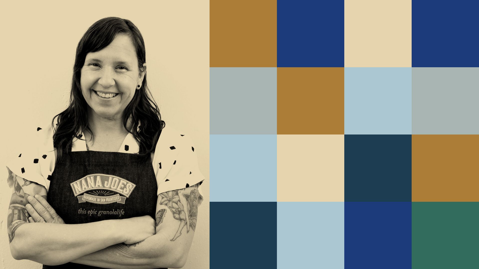 Photo illustration of Michelle Pusateri surrounded by abstract shapes.