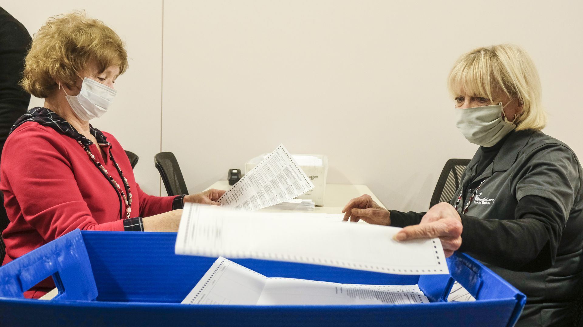 Employees and volunteers of the Franklin County Board of Elections sort through, and de-stub both mail in ballots and provisional ballots on April 28, 2020 in Columbus, Ohio