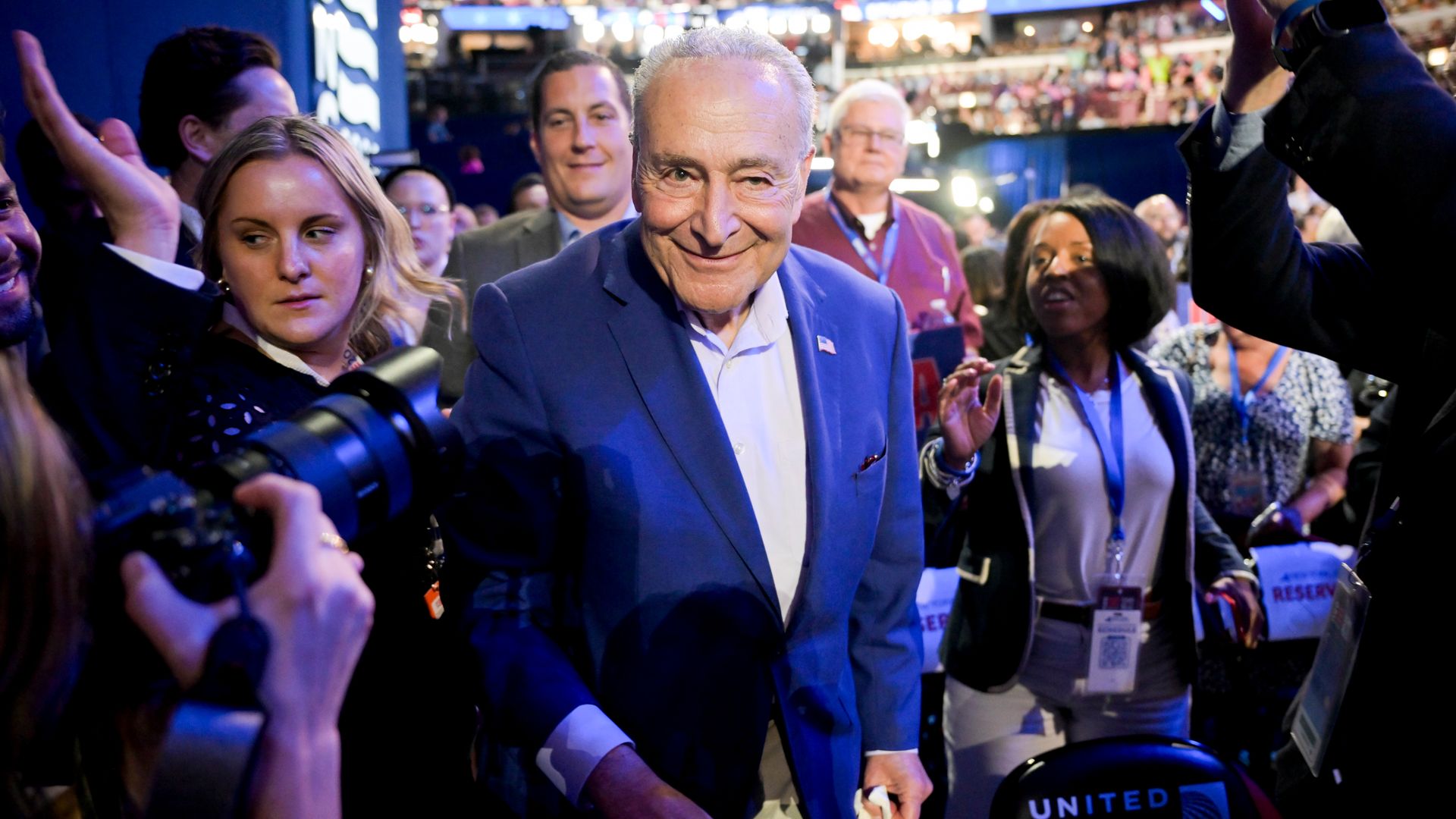 Senate Majority Leader Chuck Schumer, a Democrat from New York, during the Democratic National Convention (DNC) at the United Center in Chicago, Illinois, US, on Monday, Aug. 19, 2024.