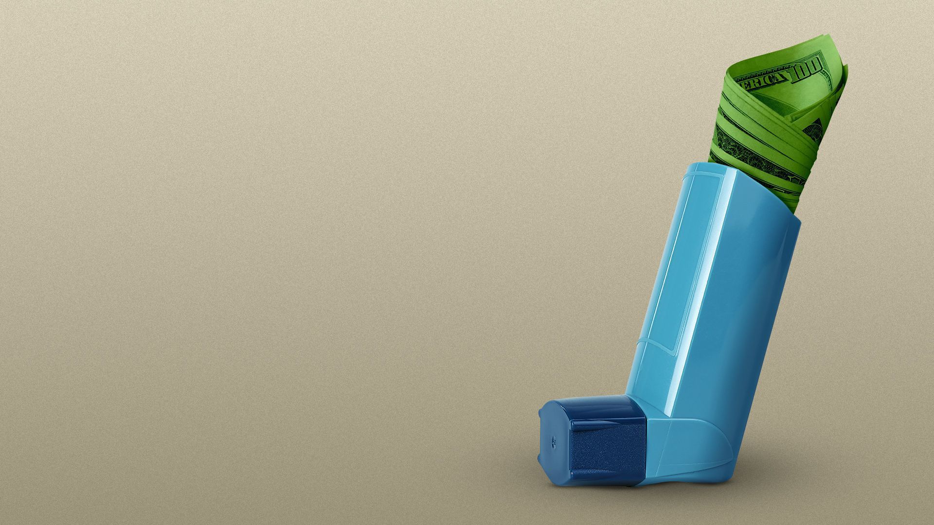 Illustration of an inhaler with money sticking out of the top of it. 