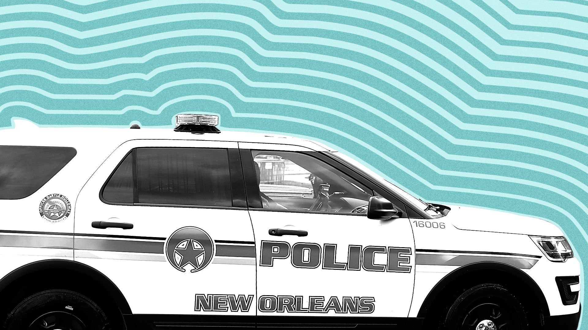 Photo illustration of a New Orleans police car with lines radiating from it.