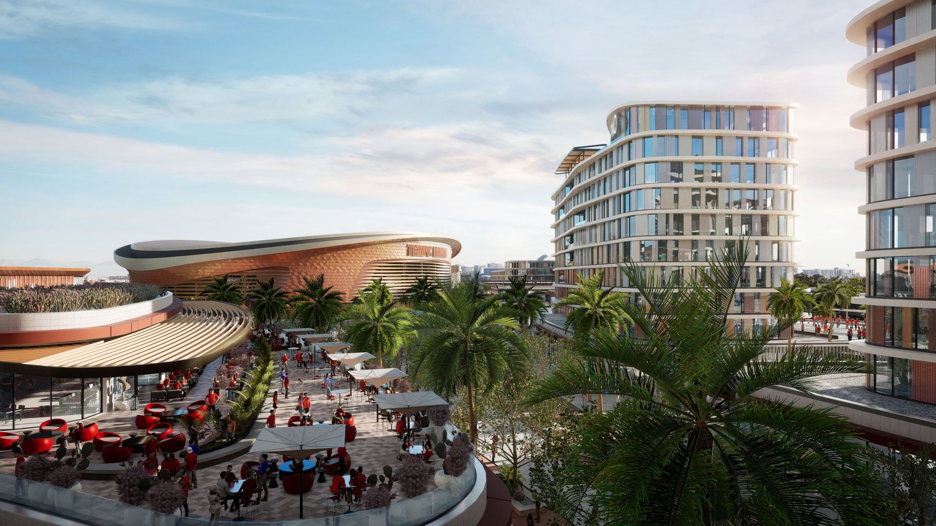 Artist's rendering of an arena, apartment building and retail center. 