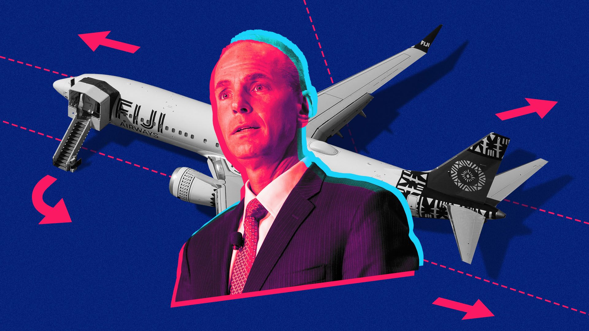 Photo illustration of Boeing CEO Dennis Muilenburg and a Boeing 737 MAX on a runway
