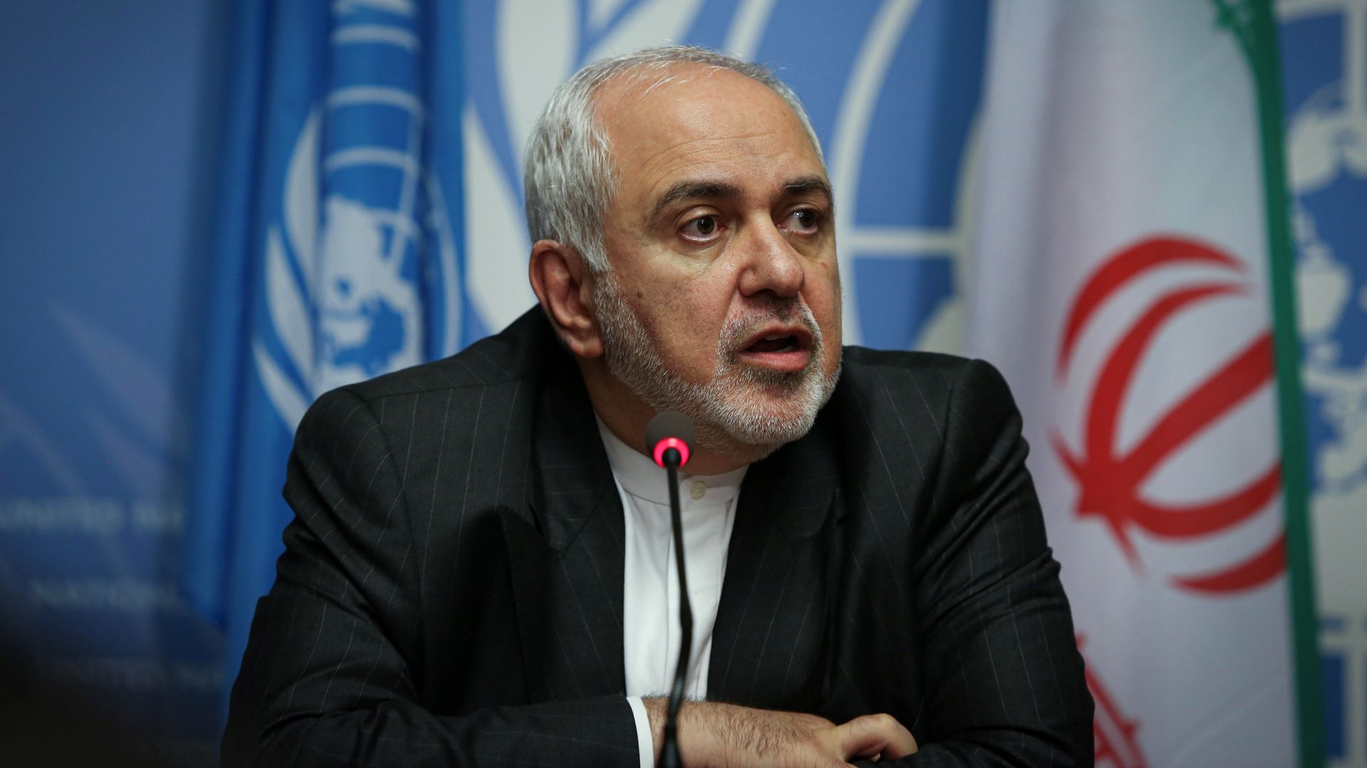 Iranian Foreign Minister Javad Zarif is seen speaking during a news conference.