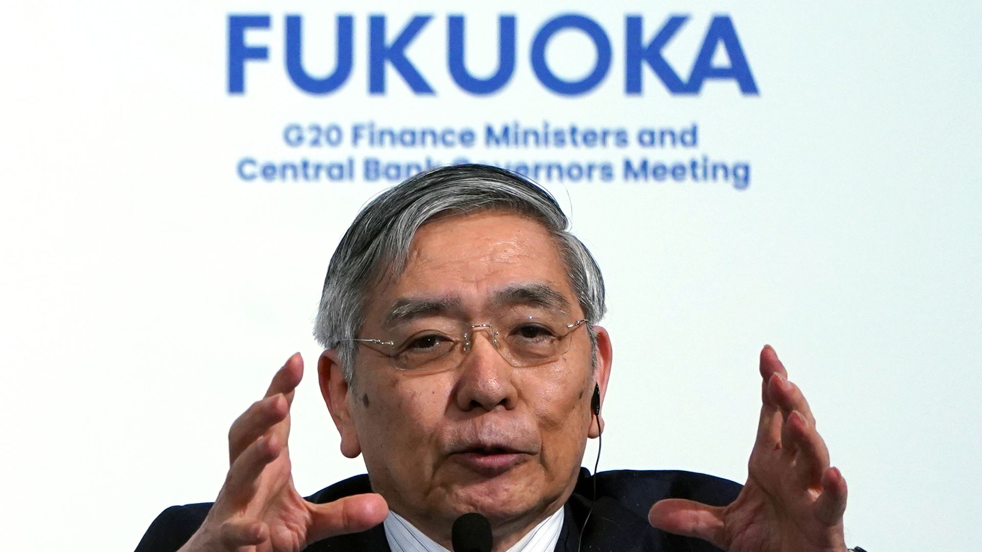 Bank of Japan Governor Haruhiko Kuroda answers a question during a host country press conference of the G20 finance ministers and central bank governors meeting in Fukuoka, Japan.