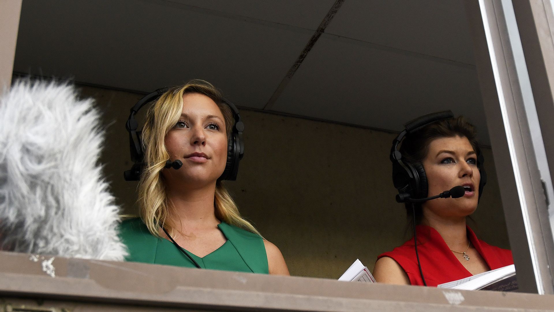 Broadcasters Suzie Cool and Melanie Newman of the Salem Red Sox, single-A affiliate of the Boston Red Sox, prior to a Carolina League game on April 24, 2019 against the Potomac Nationals,