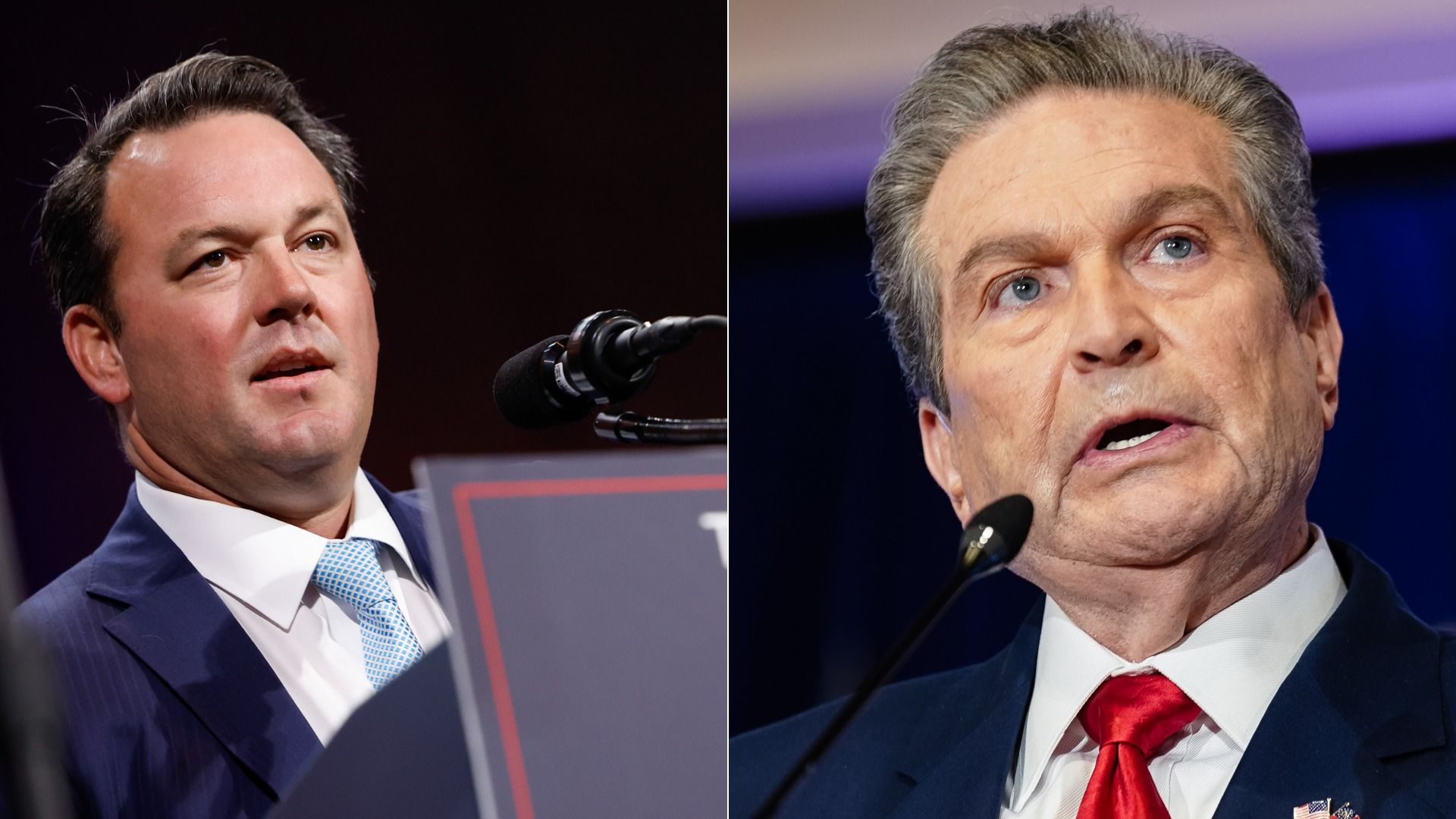 Side by side photos of two politicians in dark suits — one wearing a light blue tie, the other wearing a red tie — speaking into microphones at events.