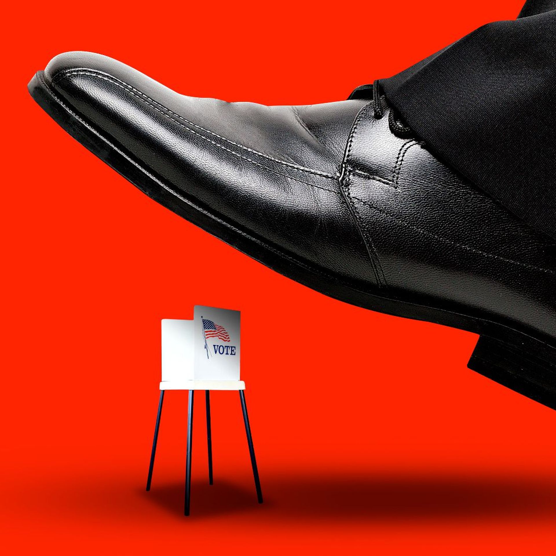 Illustration of a large shoe about to step on a tiny voting booth.  