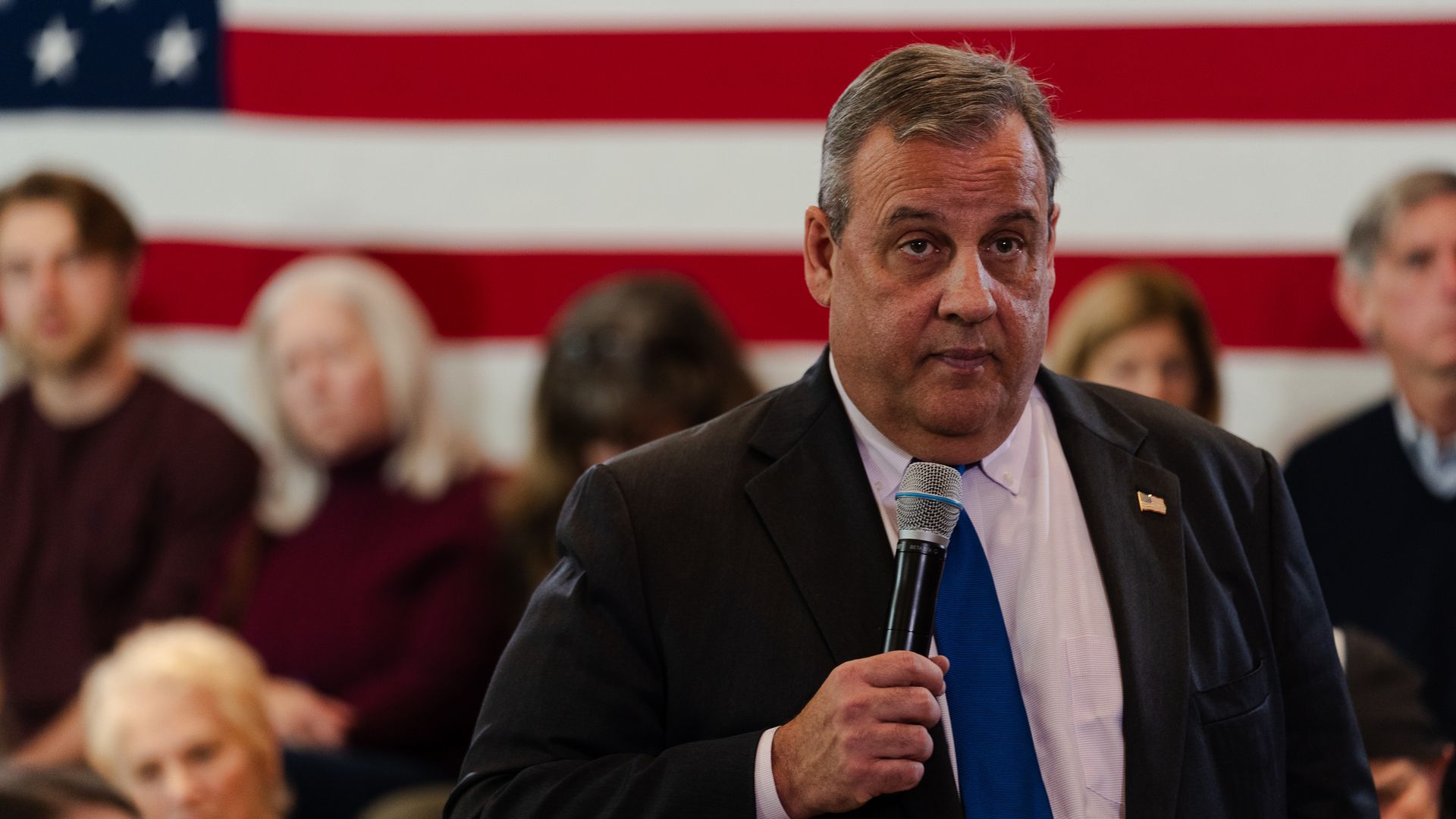 Republican presidential candidate former New Jersey Gov. Chris Christie speaks during a "Tell It Like It Is" town hall at the Bedford Event Center on December 19, 2023 in Bedford, New Hampshire.