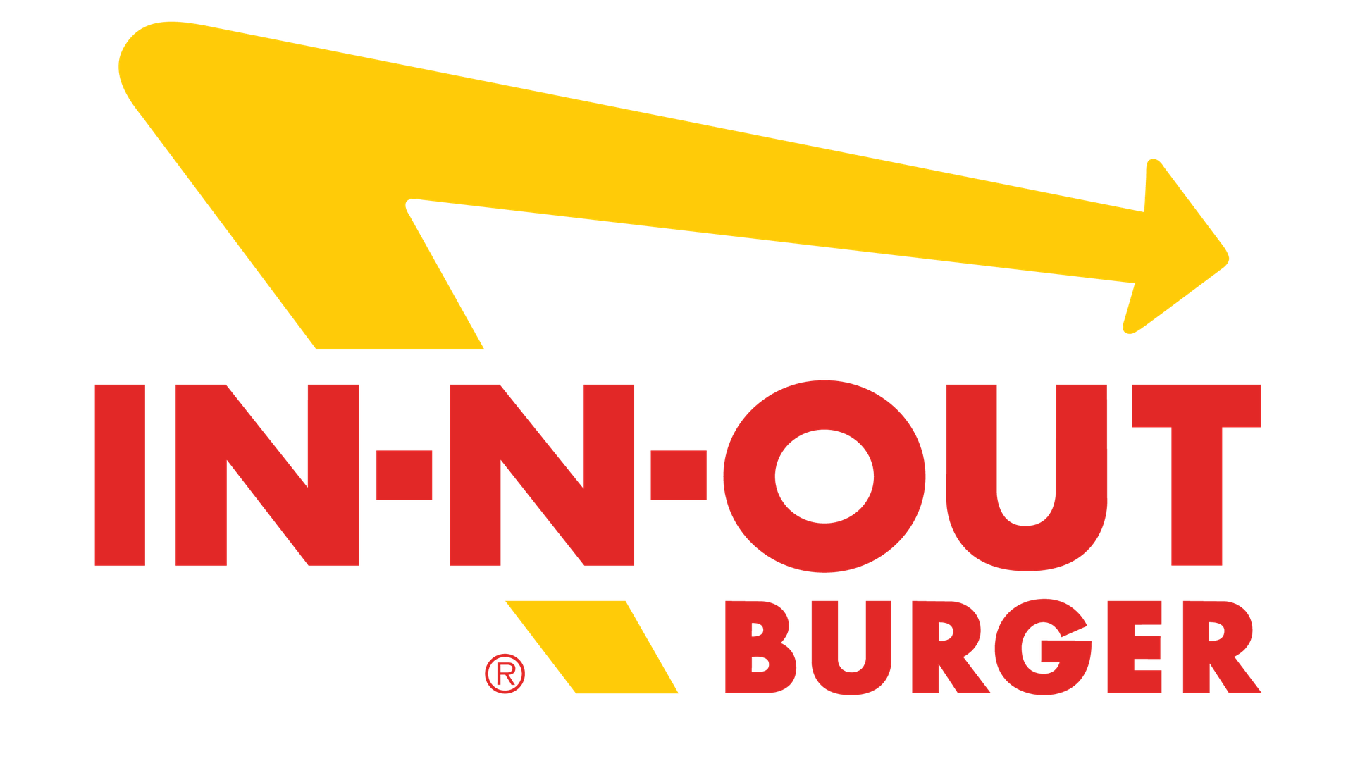 IN-N-OUT Burger logo with bold red text and a large yellow arrow pointing right on a black background.