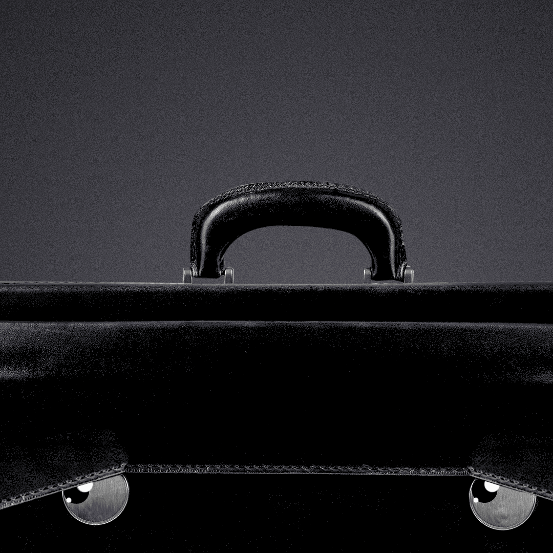 Animated illustration of a briefcase, with buckles as eyes, looking around nervously. 