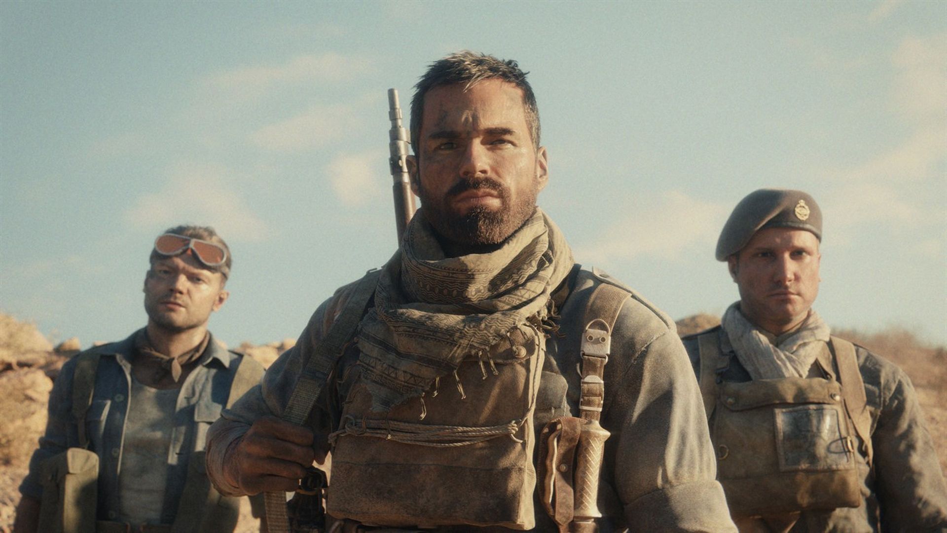 Trailer screenshot of World War II soldiers standing in a desert