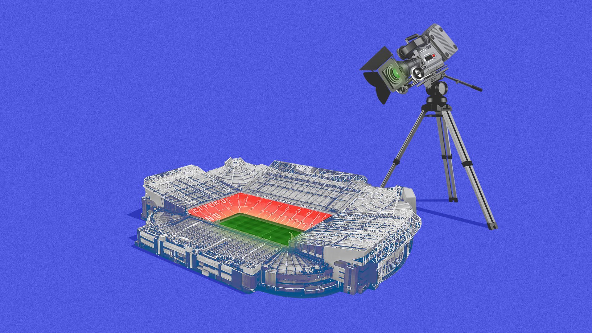 Illustration of a giant television camera over a sports stadium