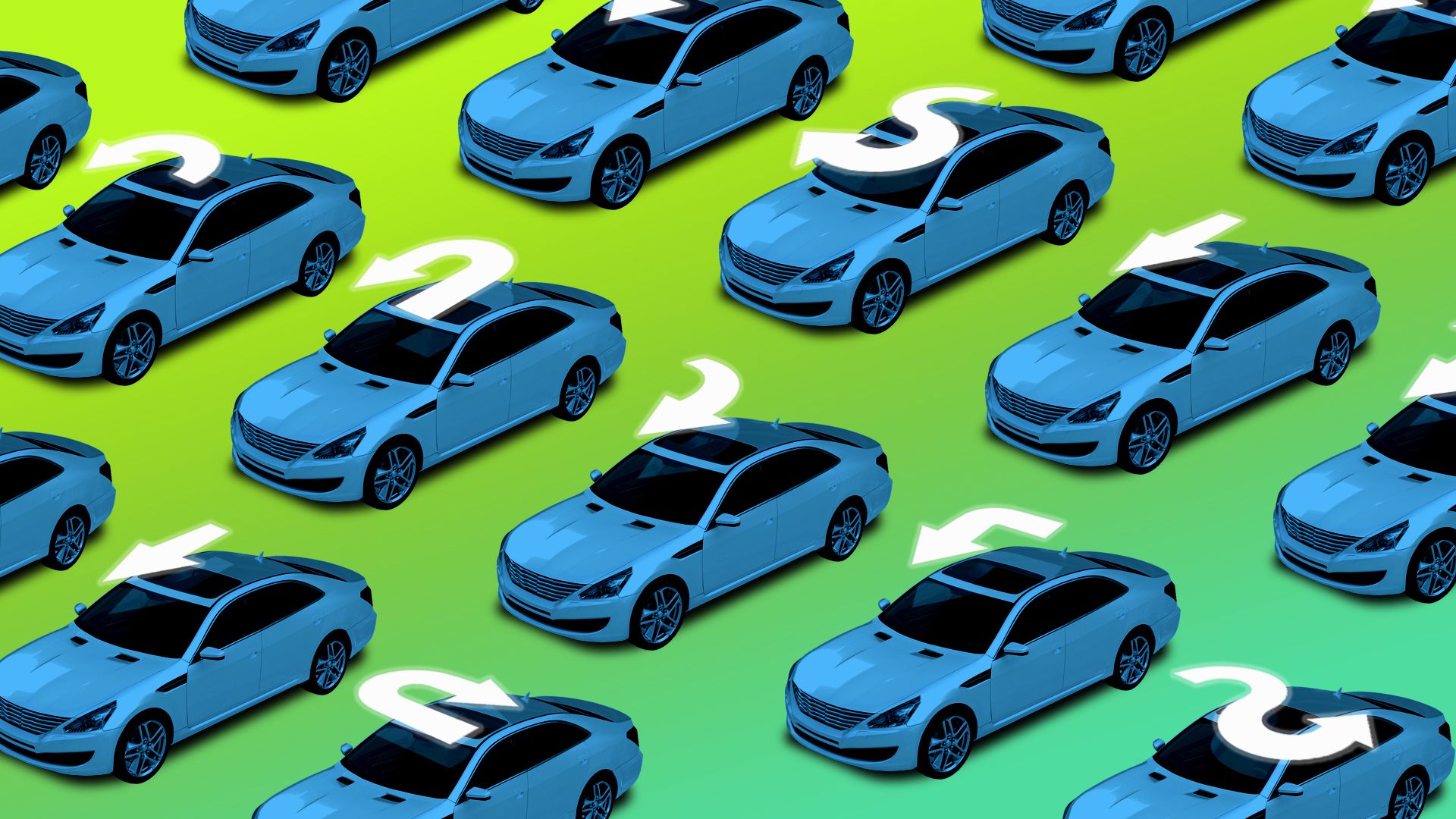 a fleet of cars each with superimposed directional arrows