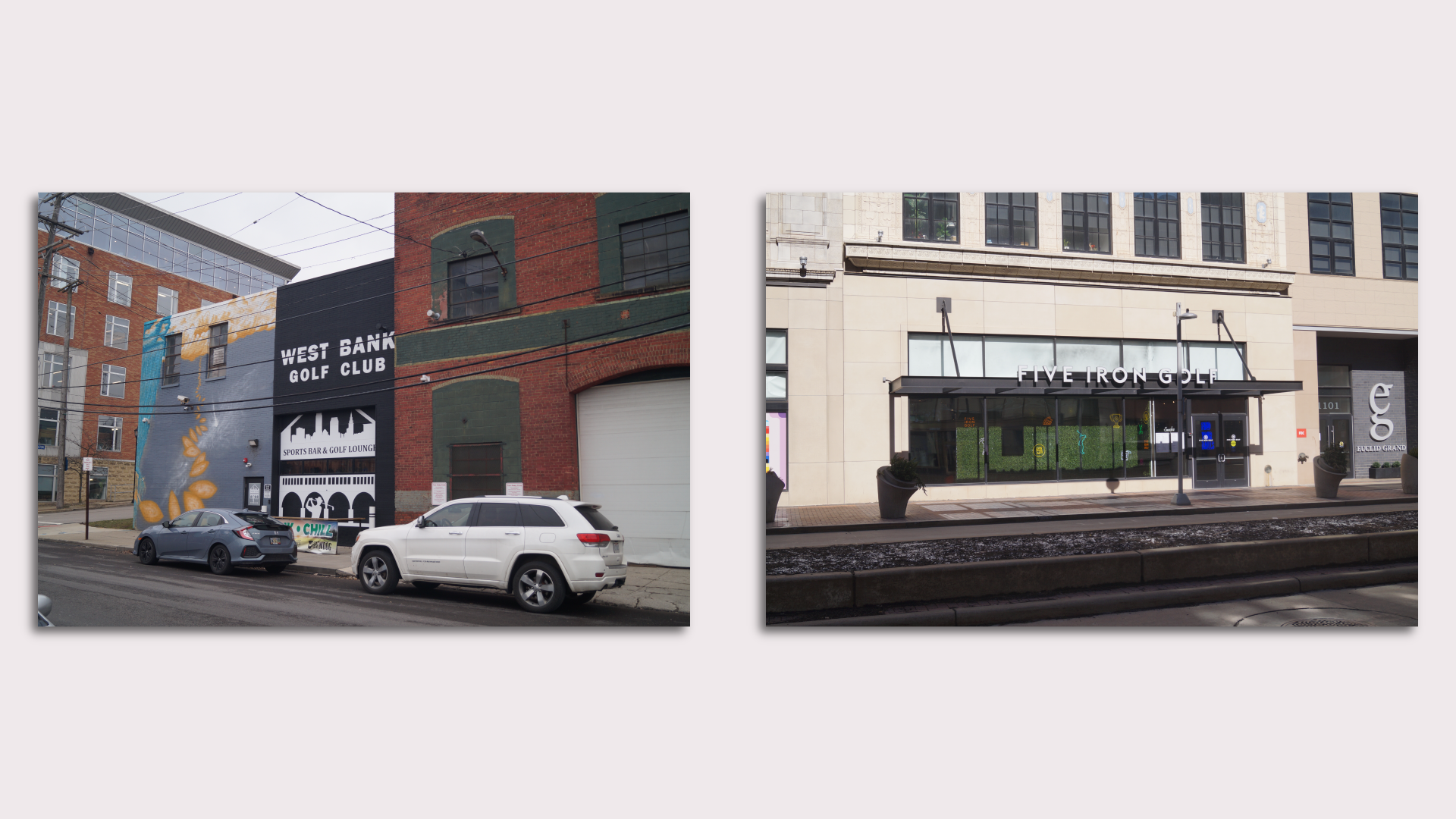 Side by side images of two building frontages: West Bank Golf Club and Five Iron Golf