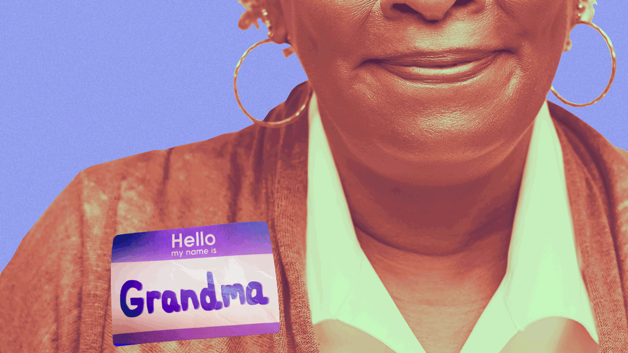 Animated illustration of a woman wearing a name tag with changing handwritten names, including Mema, Nan, Abuela, Mimi, Gammy, and Grandma.