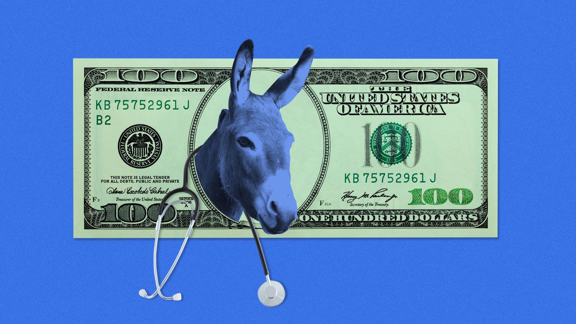 An illustration of a 100 dollar bill with a blue donkey inside it.
