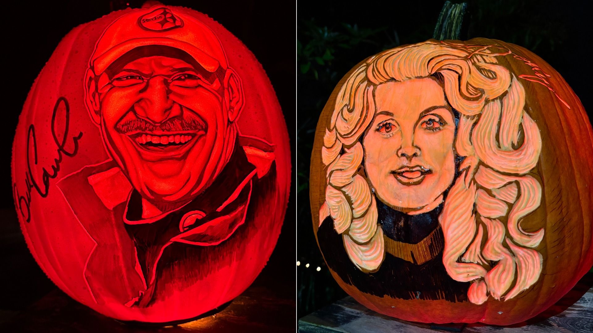 Split-image of two carved pumpkins: left pumpkin lit red shows a smiling man wearing a cap with a signature; right pumpkin lit orange depicts a woman with flowing blonde hair.