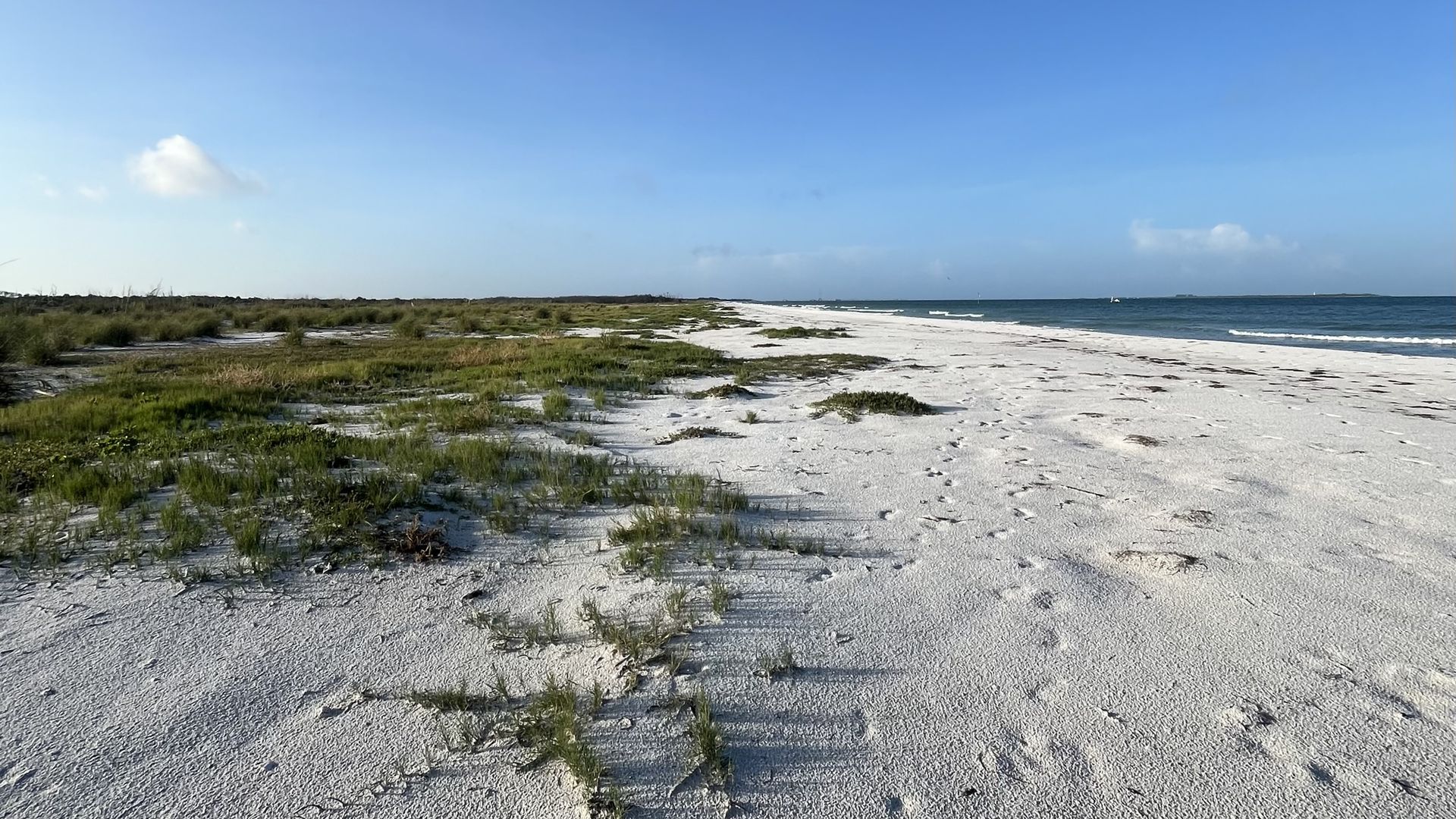 Wide beach with white sand, scattered grasses and low dunes, a calm blue sea, and a clear blue sky. A few small clouds drift near the horizon.